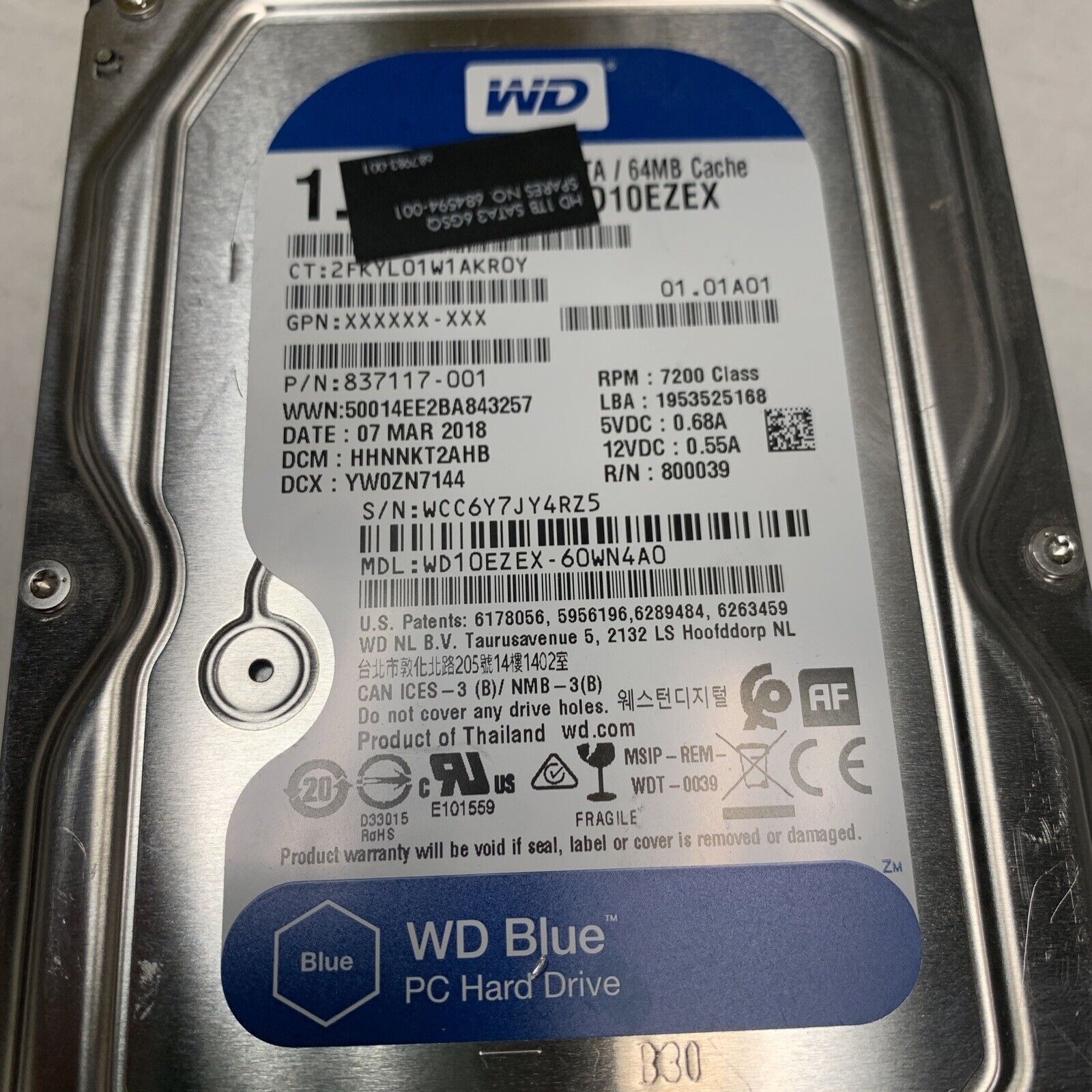 Western Digital 1TB 3.5" SATA III 7200RPM Desktop Hard Drive WD10EZEX-60WN4A0
