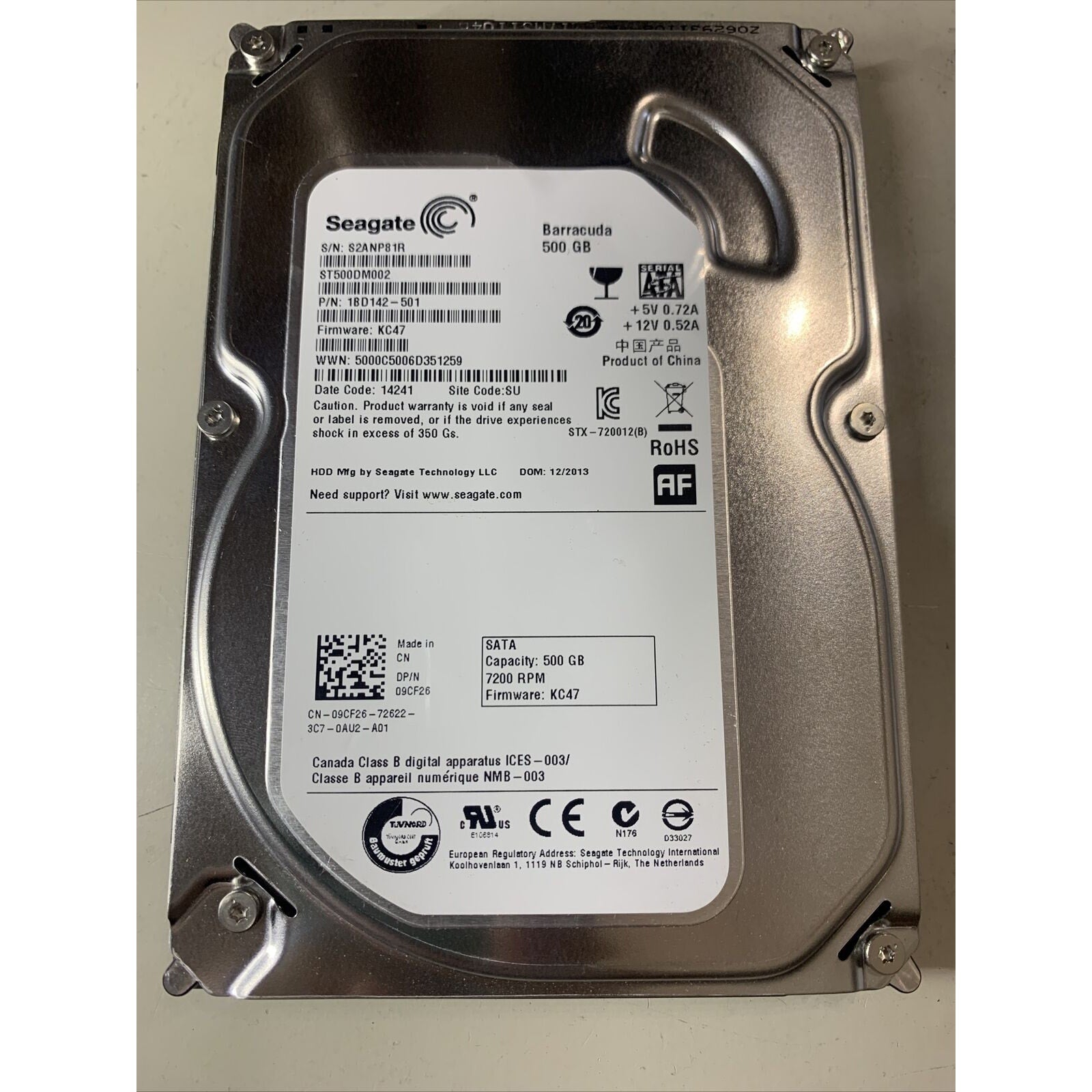 Seagate ST500DM002 500GB Internal SATA 3.5" Hard Drive 09CF26 P/N: 1BD142-xxx