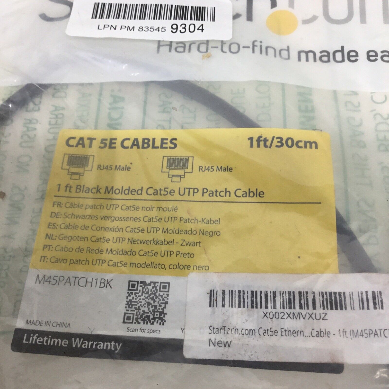 Lot of 2 StarTech Cat5e 1ft / 30cm Ethernet Cable M45PATCH1BK