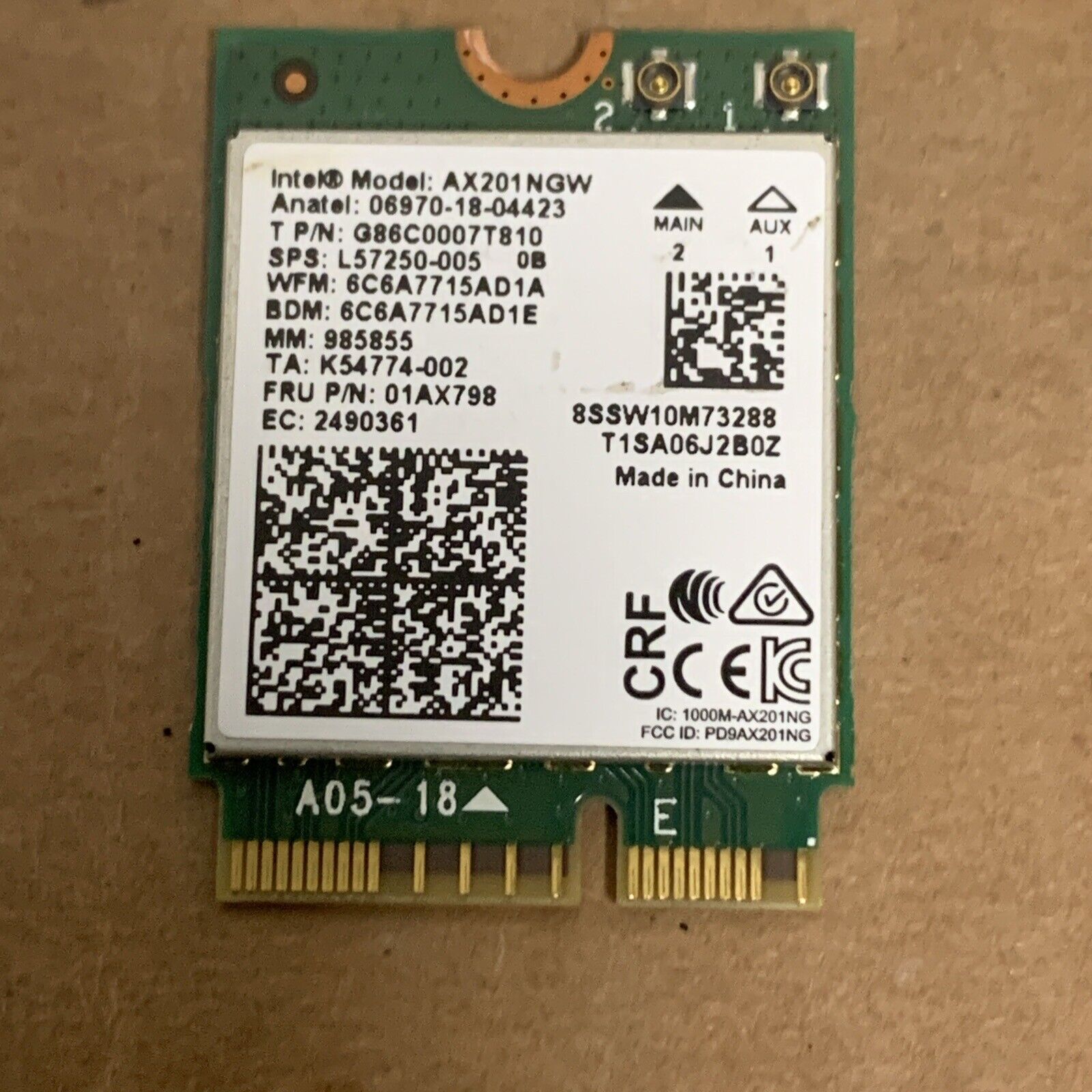 Intel AX201 802.11ac 2.4Gbps WiFi Bluetooth 5.2 AX201NGW.NV 01AX798