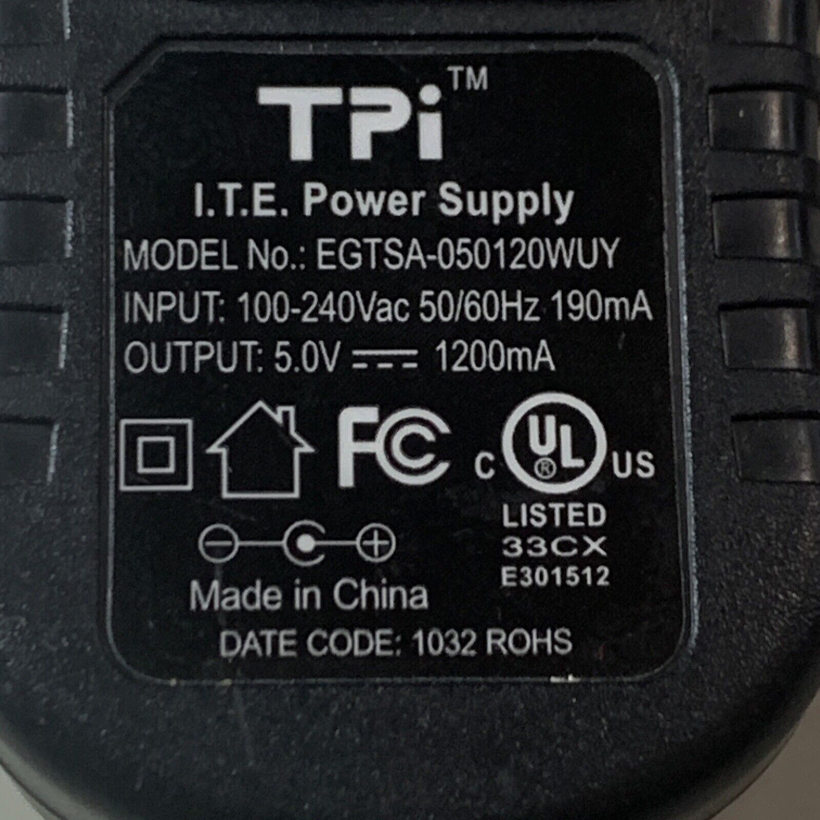 TPI EGTSA-050120WUY 5V 1200mA I.T.E. Power Supply Adapter - Output: 5.0V, 1.2A