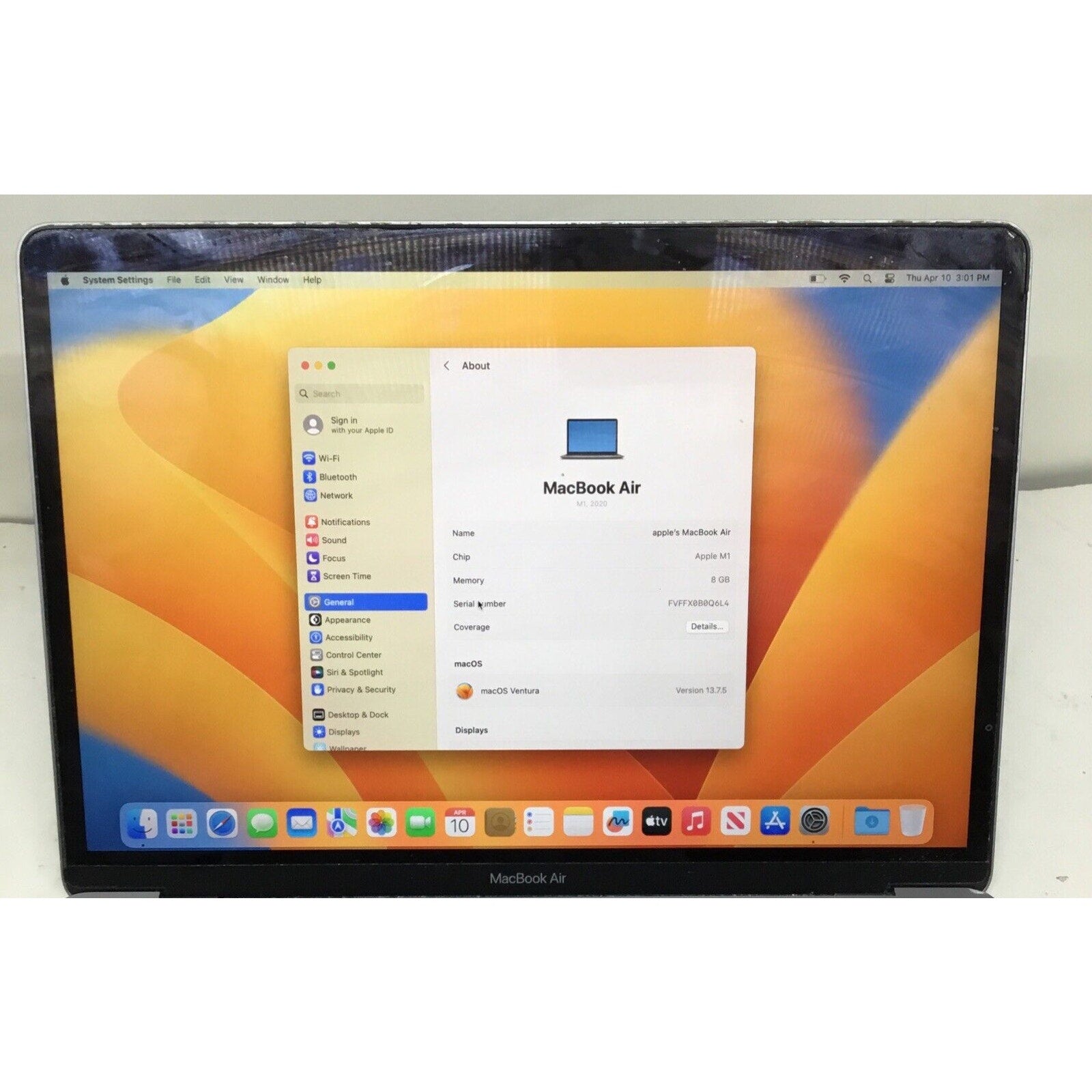 Apple MacBook Air 13" 2020 A2337 Apple M1 8GB DDR4 251GB SSD READ DESC