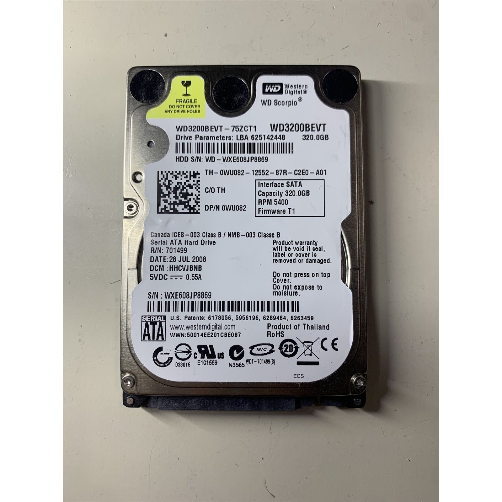 WD WD3200BEVT-75ZCT1 320GB SATA 2.5” Hard Drive 0WU082 2060-701499-000