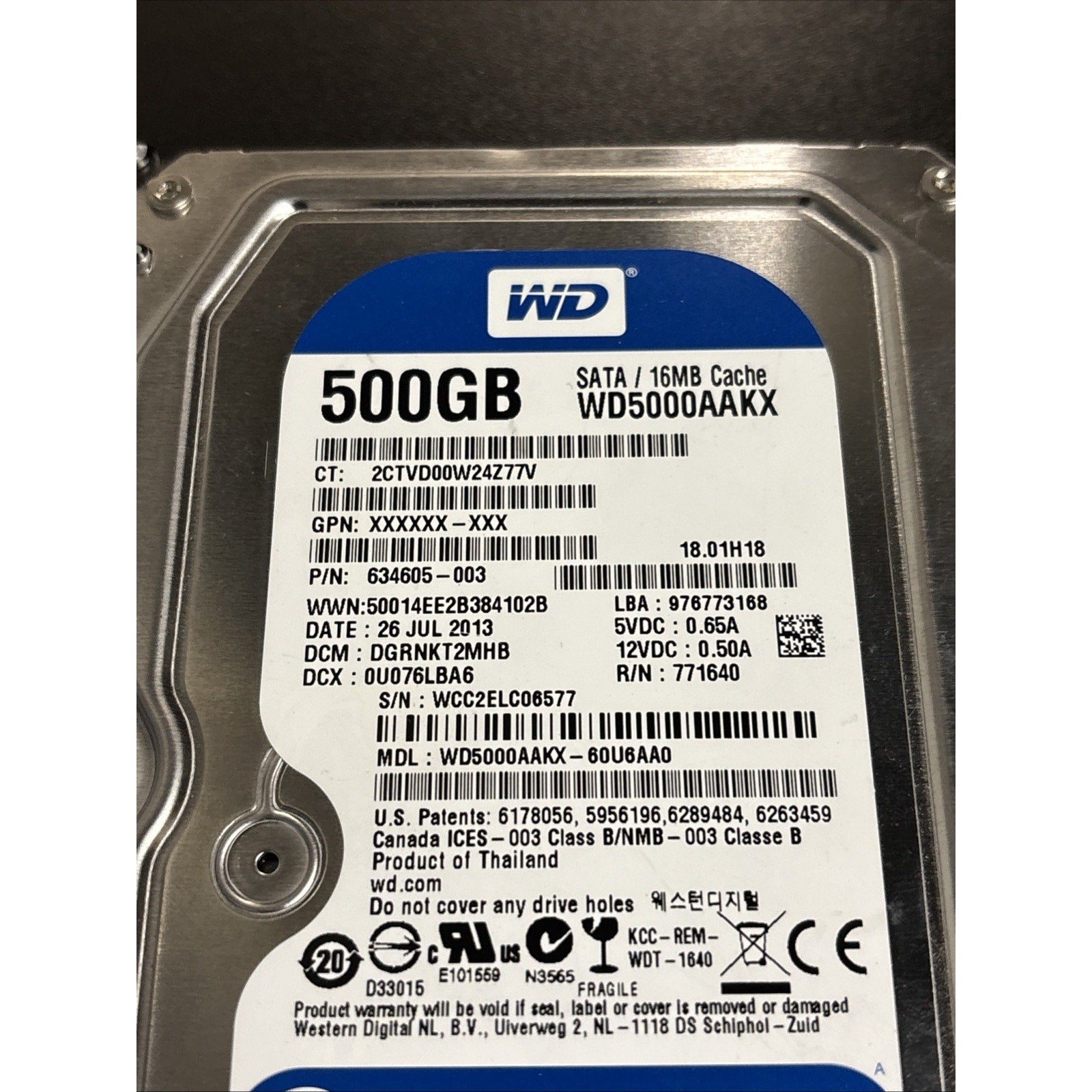 WD WD5000AAKX 500GB 3.5" SATA 7.2K Desktop/Enterprise Hard Drive P/N: 634605-003