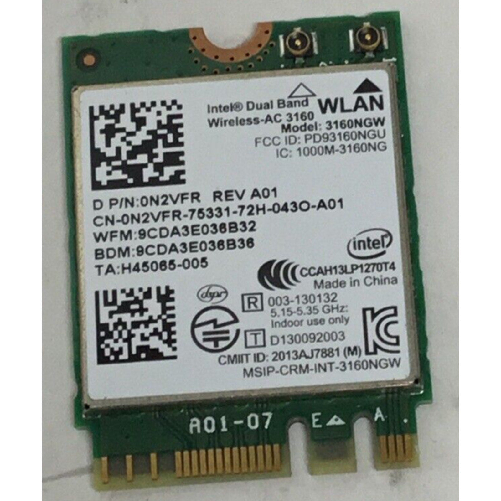 Intel Dual Band Wireless-AC 3160 (3160NGW) BT 4.0 Dell P/N: 0N2VFR