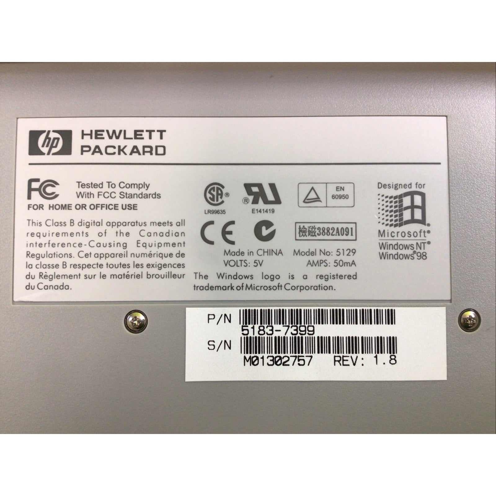 Vintage Hewlett Packard PS/2 Keyboard Model 5129 P/N 5183-7399