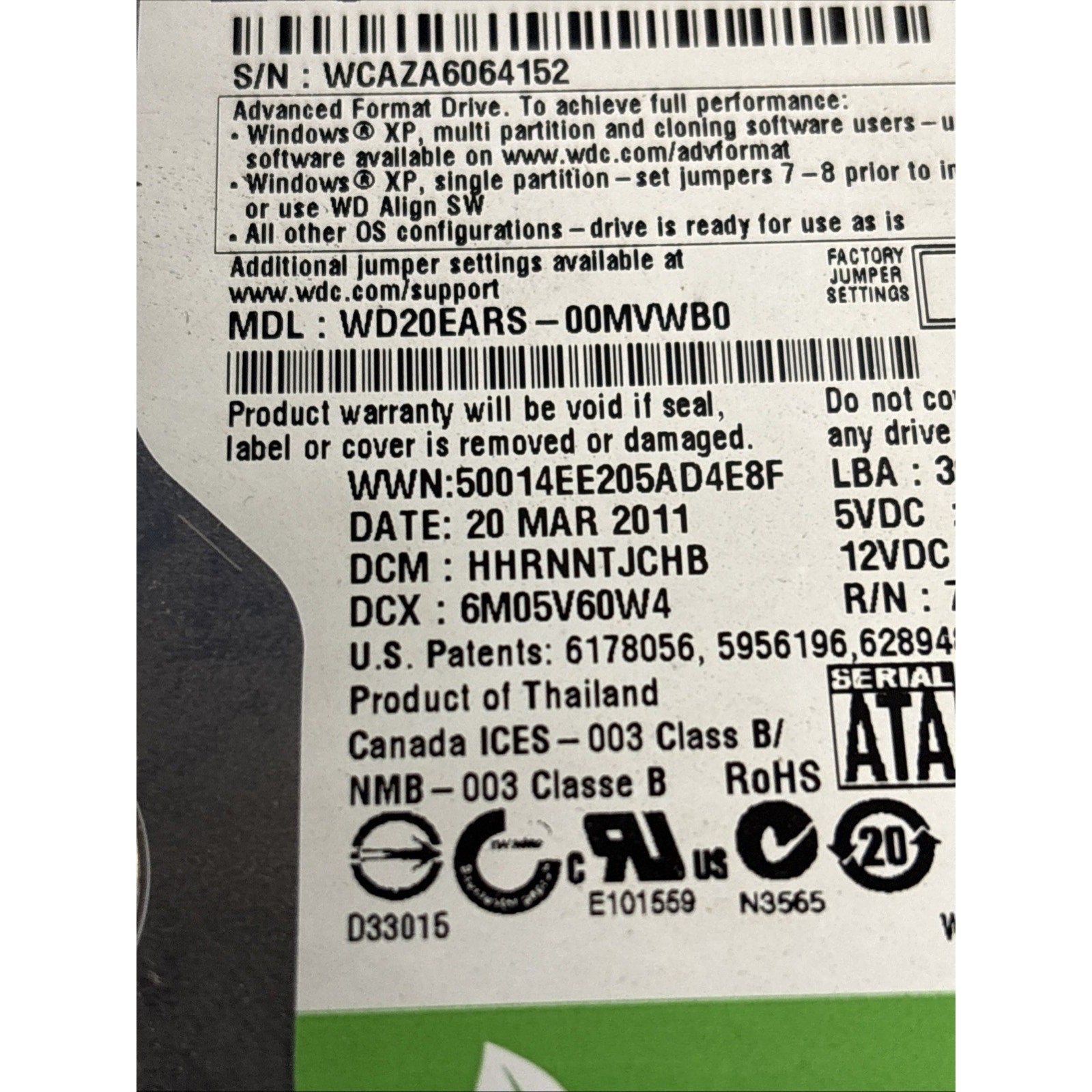 Western Digital 2 TB, Internal, 7200 RPM, 3.5" (WD20EURX) Hard Drive Green Power