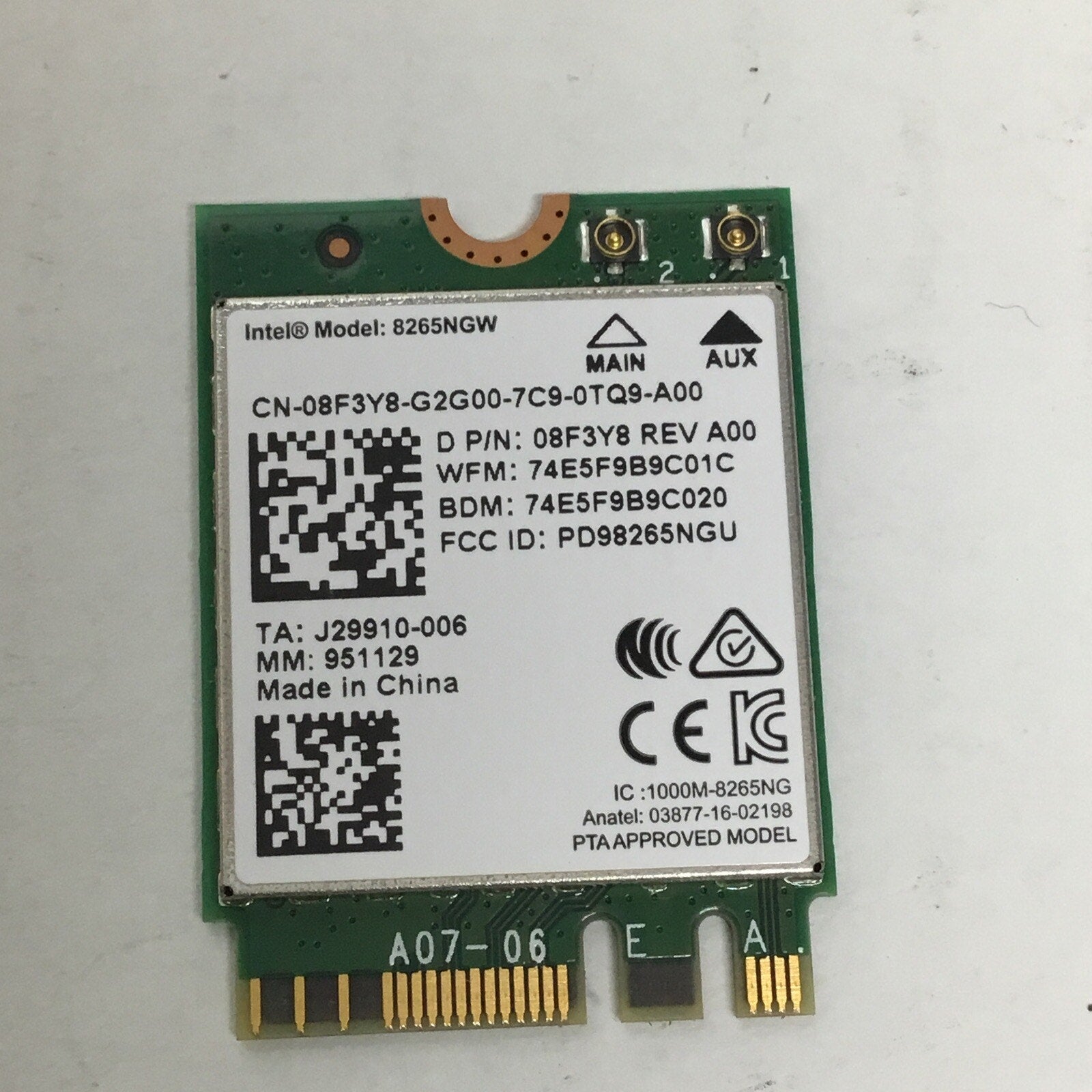 Dell Intel 8265NGW BlueTooth Dual Band 802.11ac 867Mbps WiFi 4.2 Adapter 08F3Y8