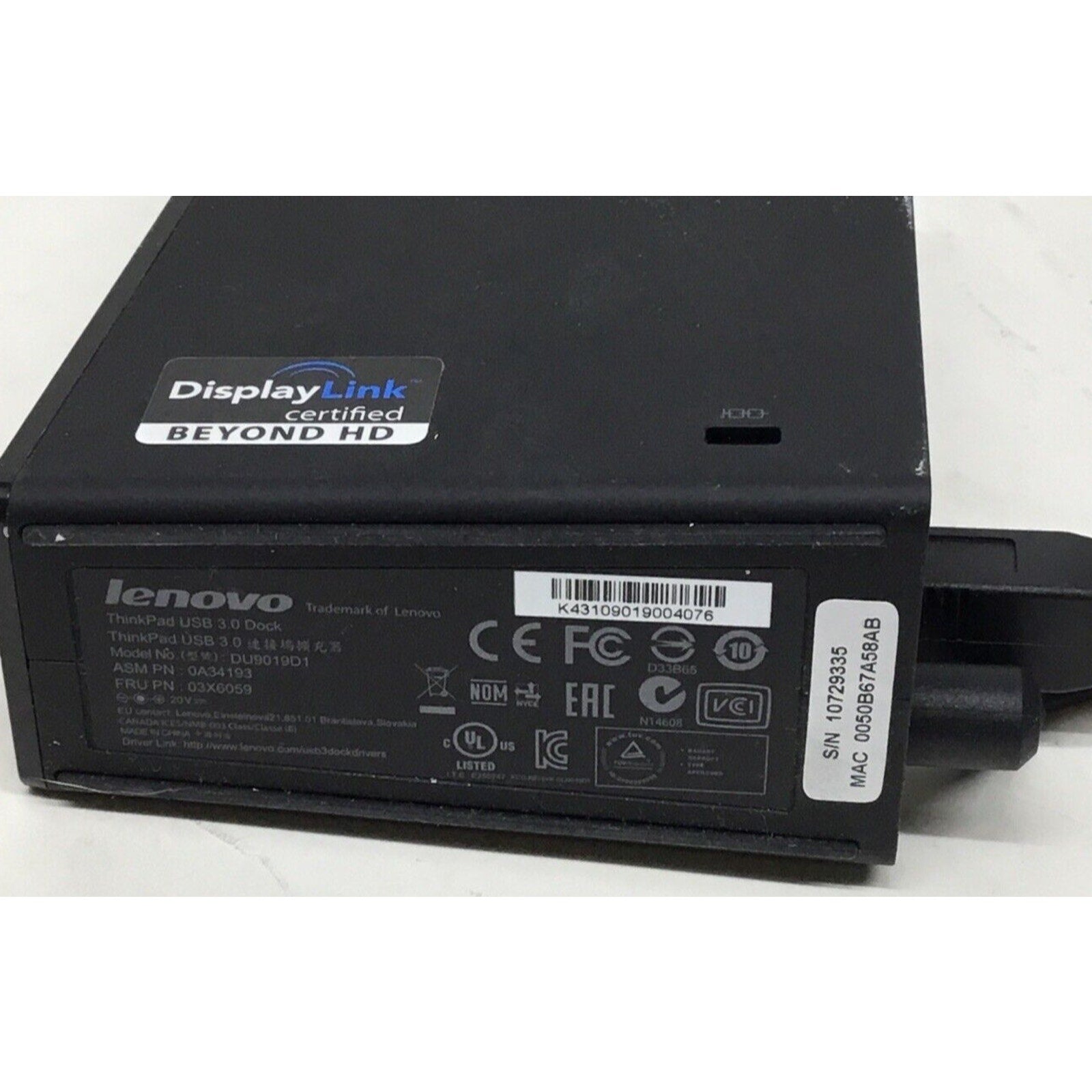 Lenovo ThinkPad USB 3.0 DU9019D1 Laptop Docking Station W/ Adapter