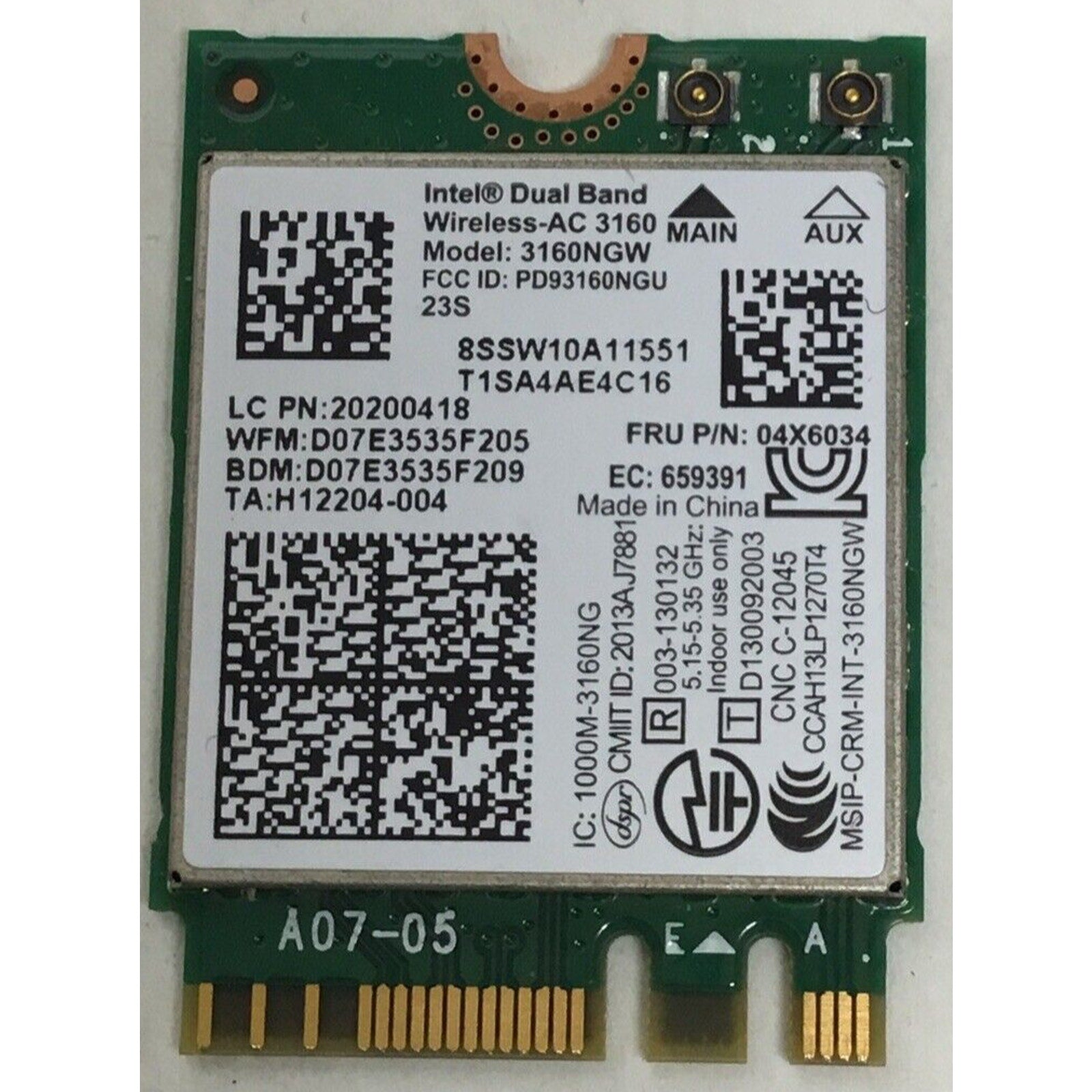 Intel Wireless Bluetooth WiFi Card 3160NGU 04X6034