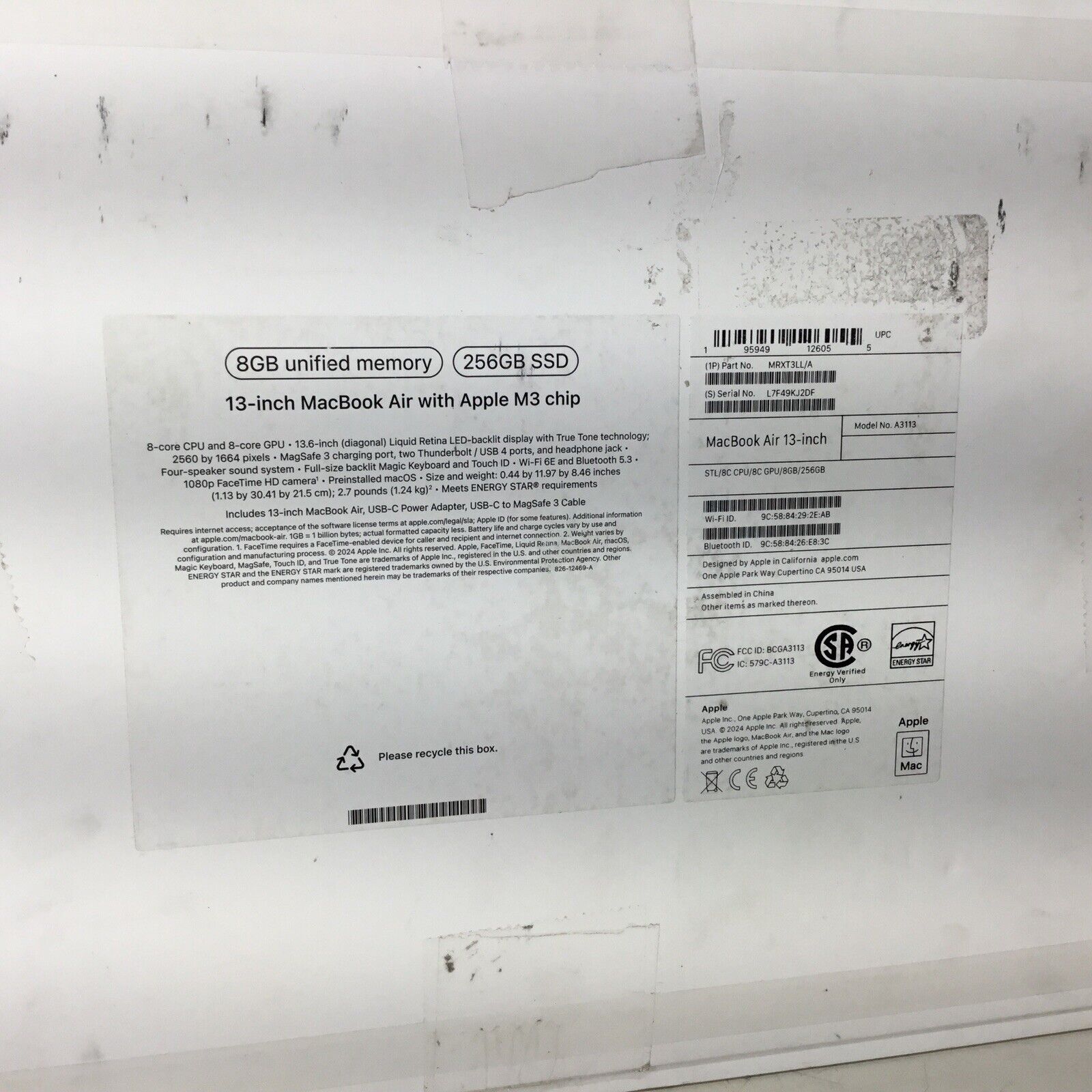 2024 Apple MacBook Air 13.6in M3 Chip 256 GB SSD 8GB RAM 8-Core GPU MRXT3LL/A