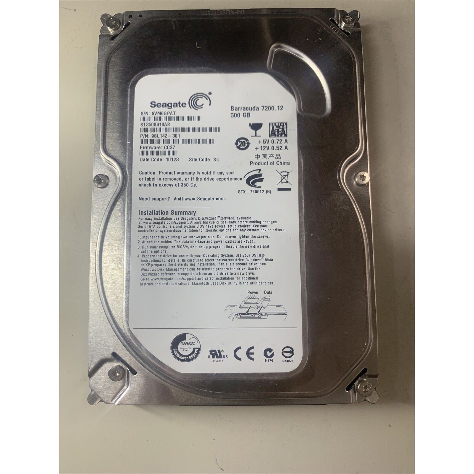 Seagate ST3500418AS Barracuda PN 9sL142-301 FW CC37 500GB 3.5" SATA Hard Drive