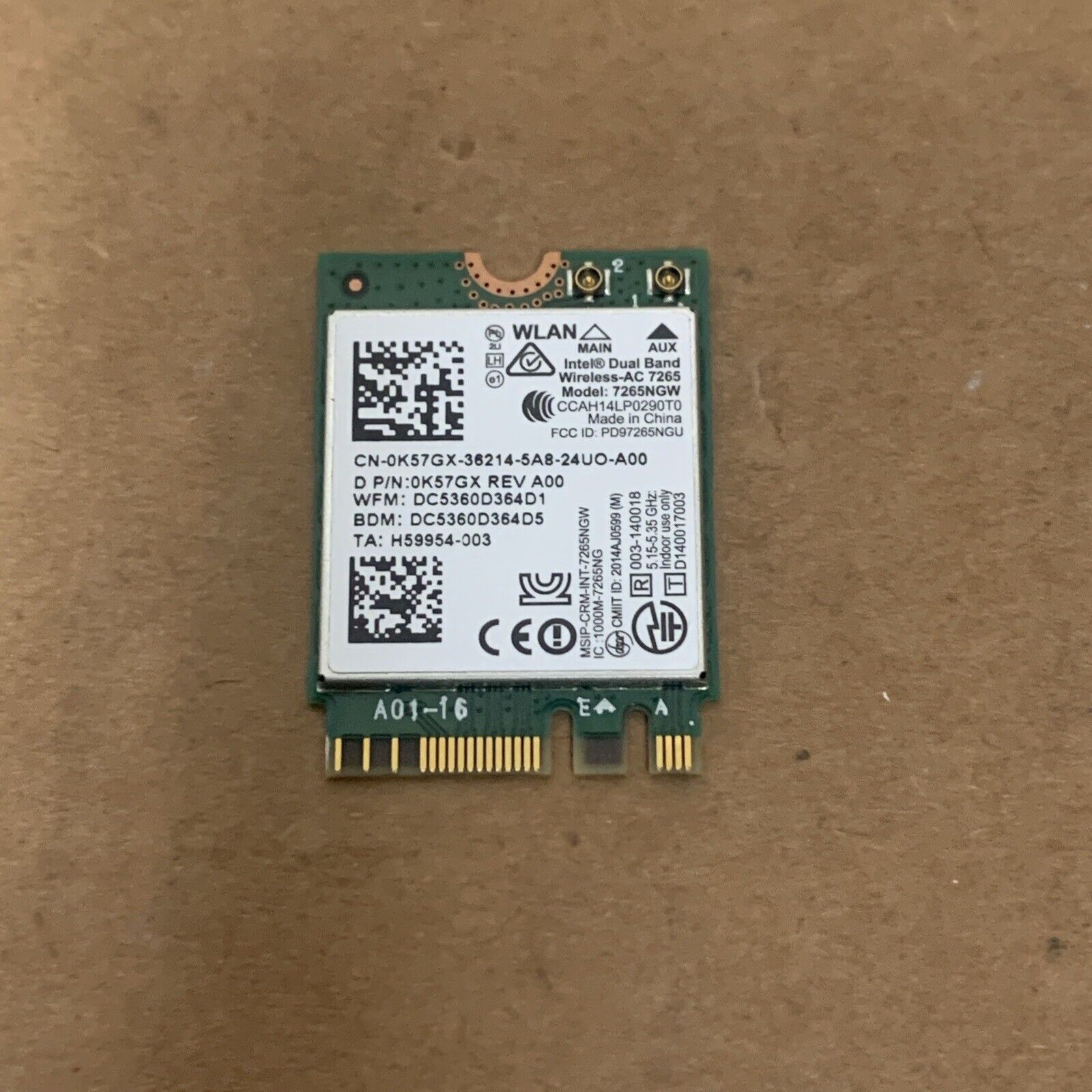 Intel Dual Band Wireless-AC 7265 802.11ac WiFi + Bluetooth Card (7265NGW) K57GX