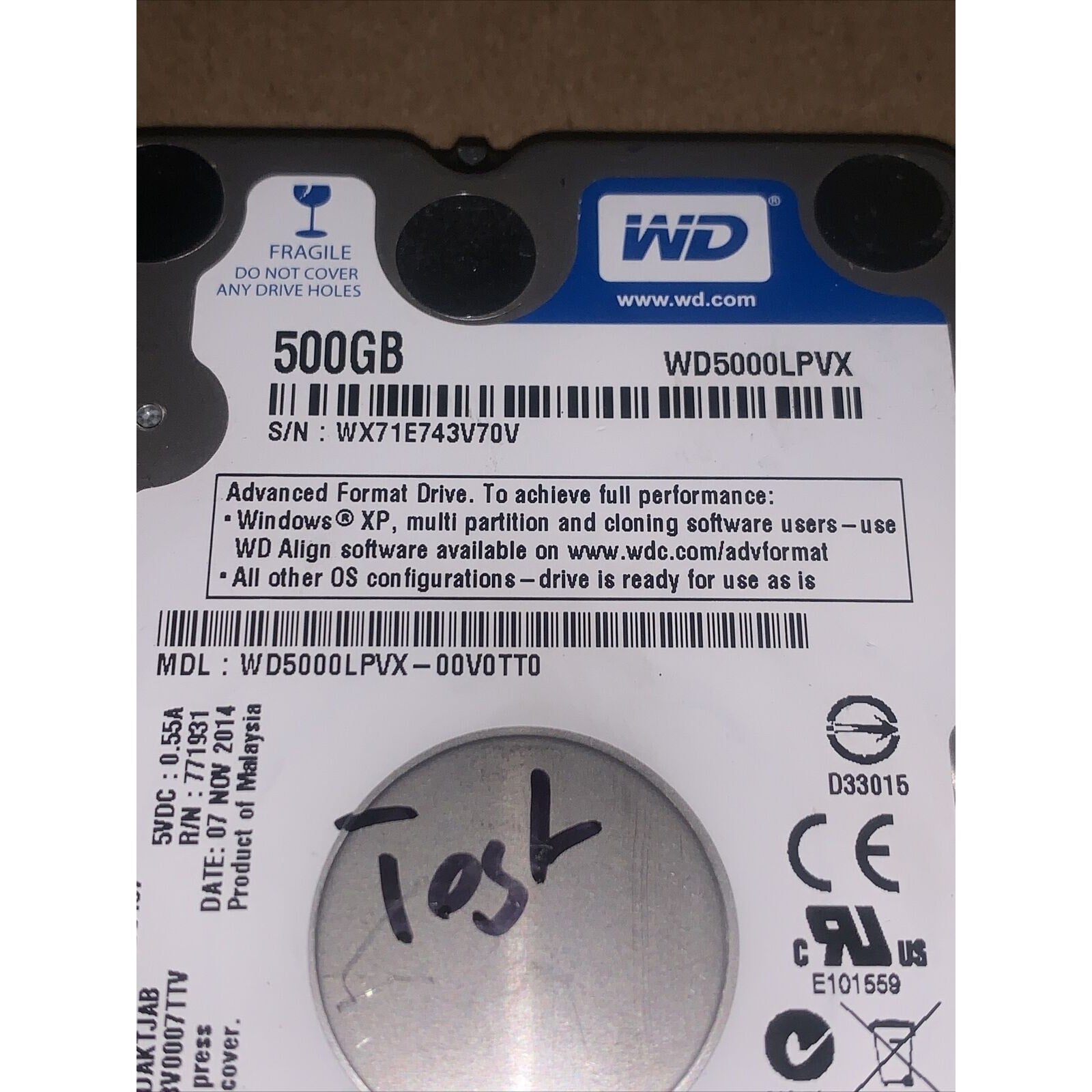 WESTERN DIGITAL 500GB 2.5" SATA 5400RPM LAPTOP PC HD HARD DRIVE WD5000LPVX