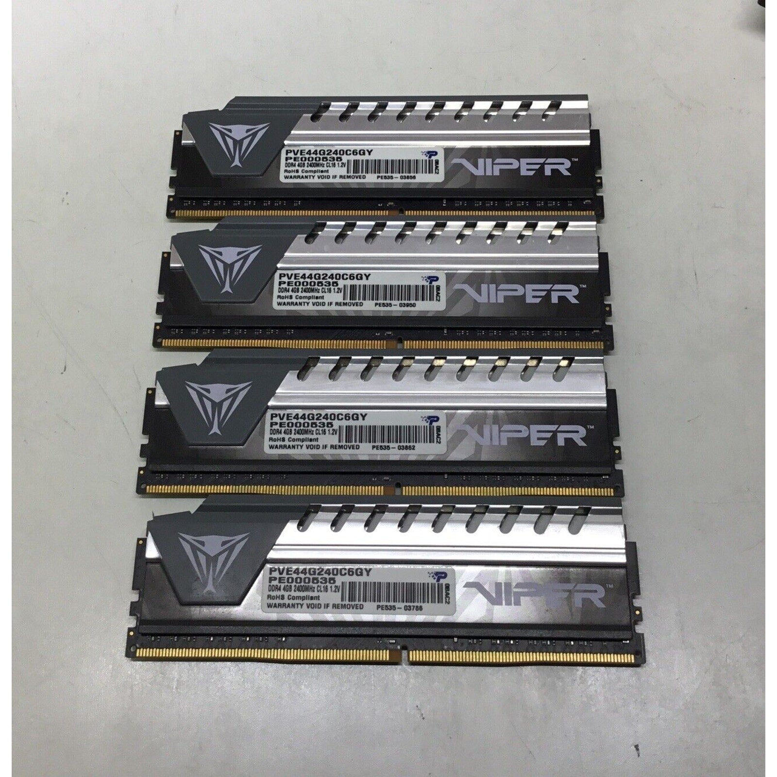 Lot of 4 - Patriot Viper DDr4 PVE44G240C6GY 16GB (4X4GB) 2400 MHz PE000535