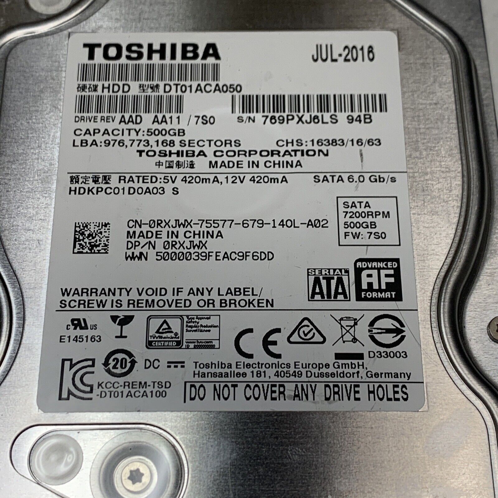 Toshiba 500GB,Internal,7200 RPM,3.5 inch DT01ACA050 Hard Drive