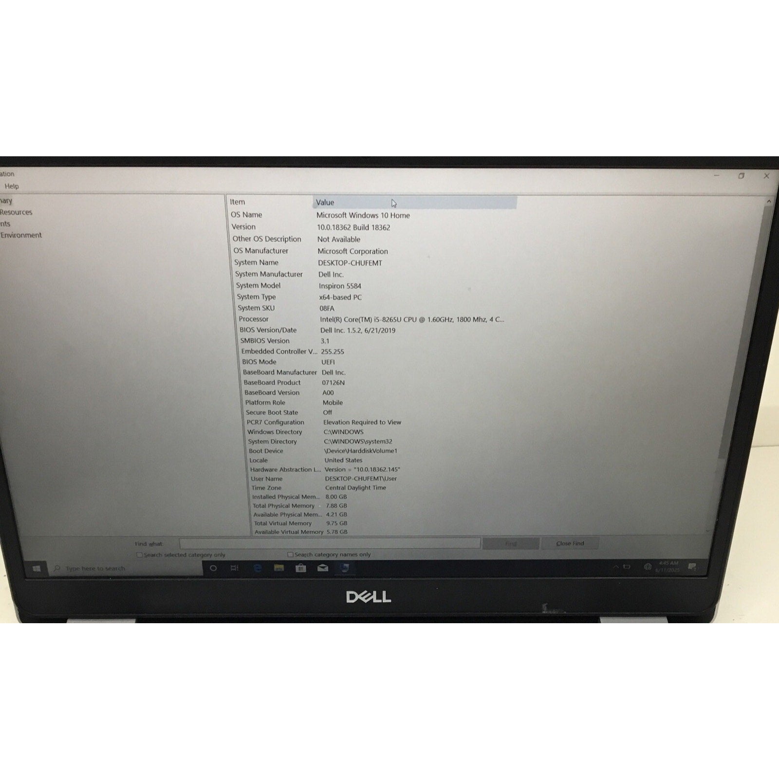 Dell Inspiron 5584 15.6" core i5-8265 1.6ghz 8gb ram 256gb SSD Charger