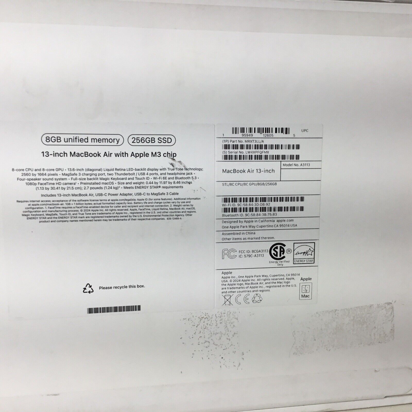 2024 Apple MacBook Air 13.6" M3 Chip 256 GB SSD 8GB RAM 8-Core GPU MRXT3LL/A