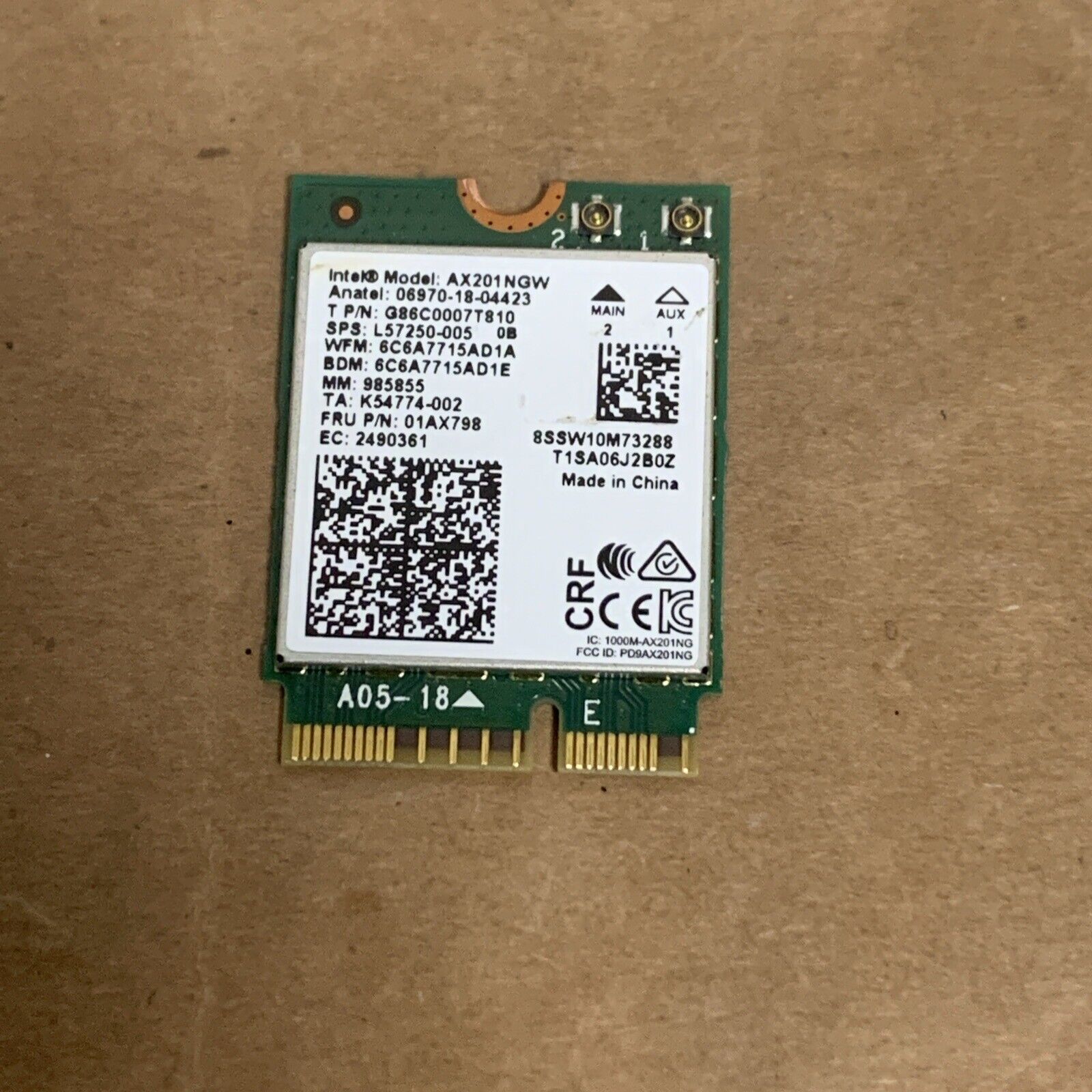 Intel AX201 802.11ac 2.4Gbps WiFi Bluetooth 5.2 AX201NGW.NV 01AX798