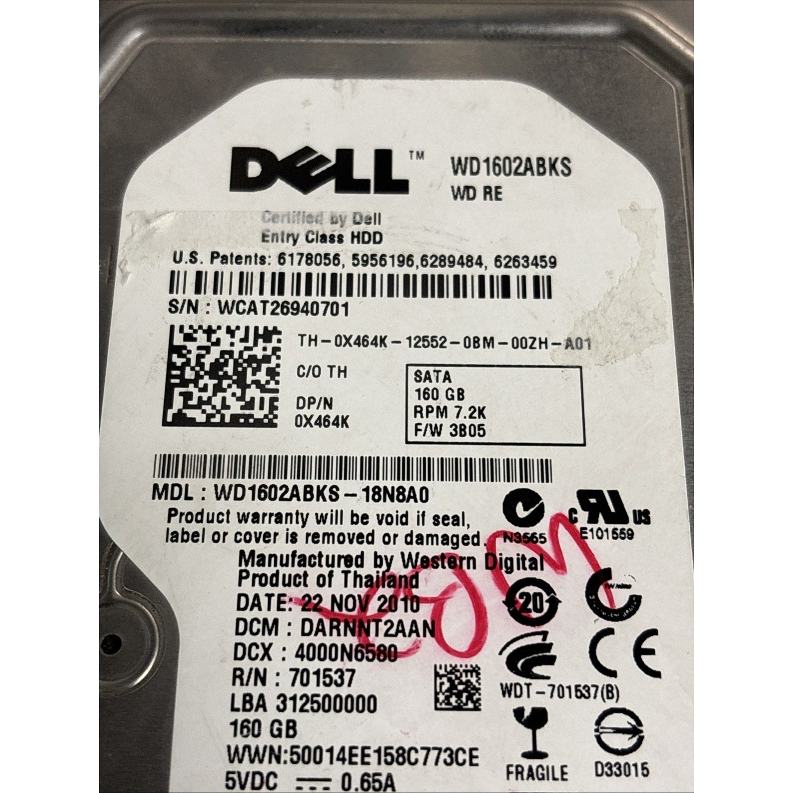 Western Digital WD1602ABKS 160GB 3.5 In. SATA HDD Dell P/N: 0X464K F/W: 3B05