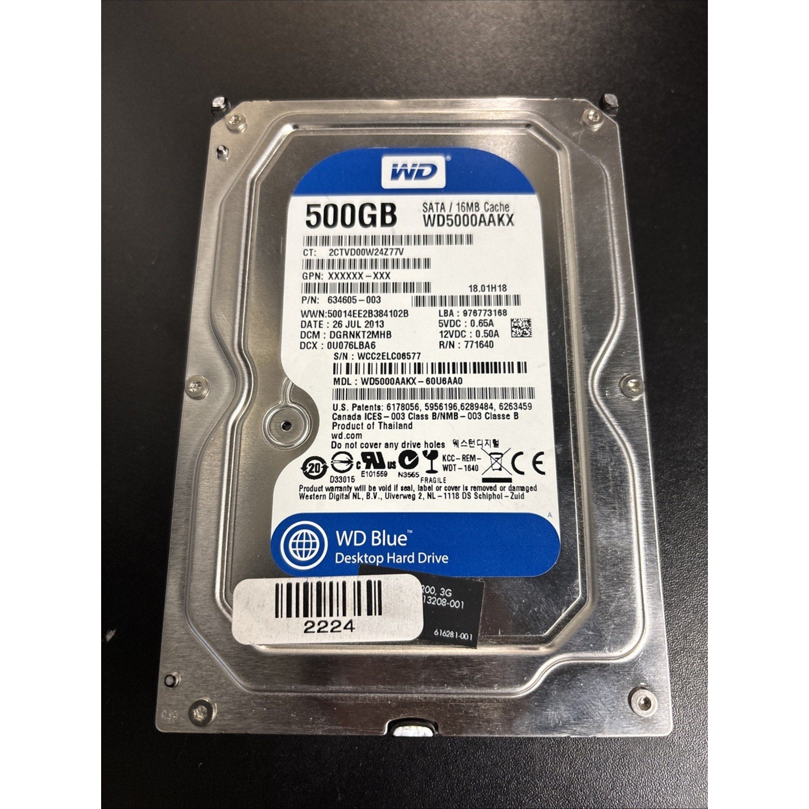WD WD5000AAKX 500GB 3.5" SATA 7.2K Desktop/Enterprise Hard Drive P/N: 634605-003