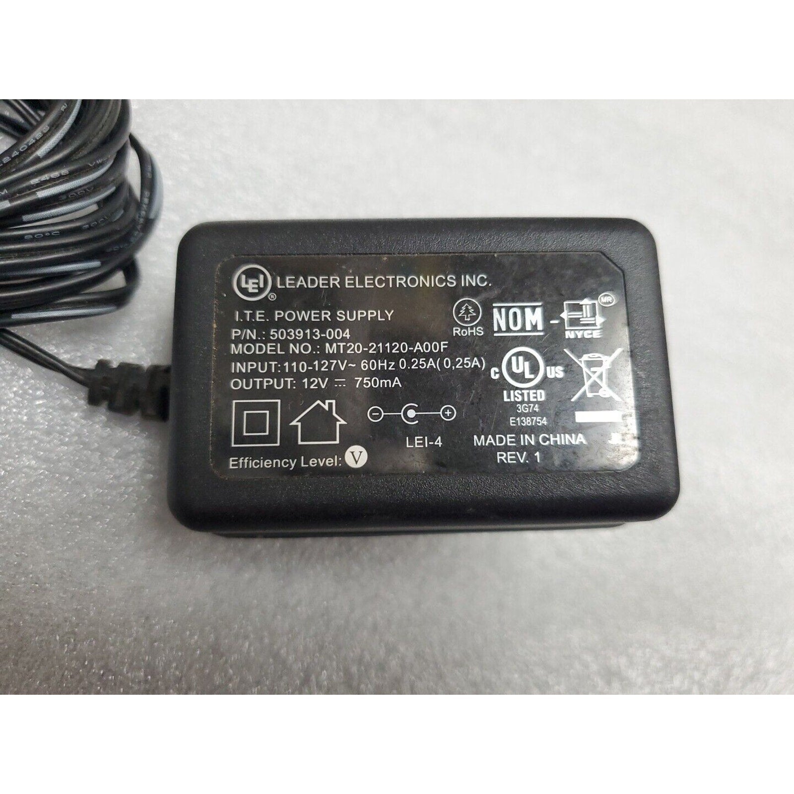 Leader Electronics Inc. MT20-21120-A00F AC Power Adapter 12V 750mA 503913-004