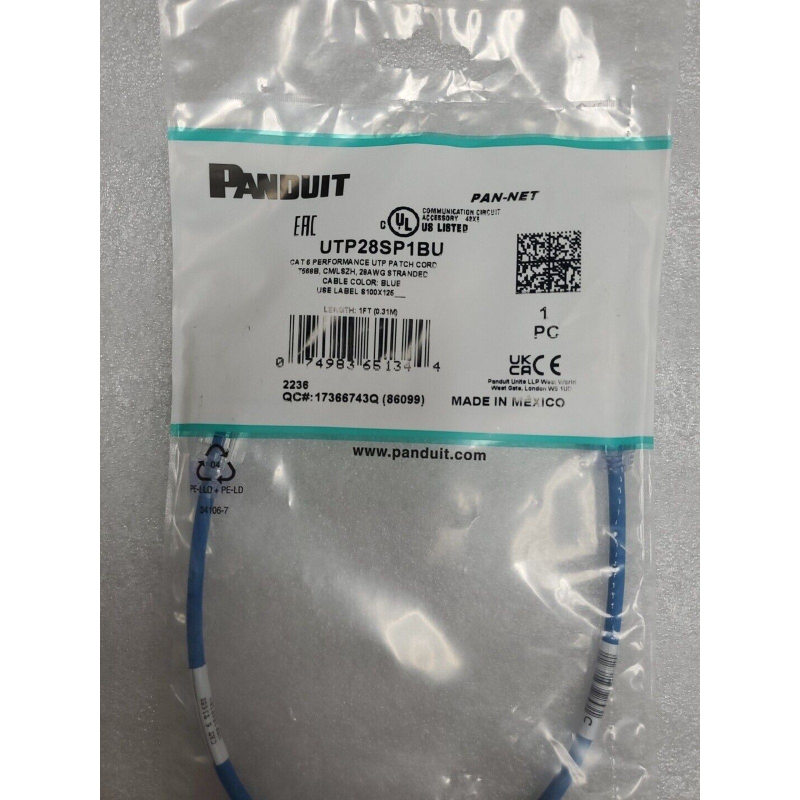 Panduit Cat 6 28 AWG Network Patch Cable/Cord, 1 FT, Blue, UTP28SP1BU