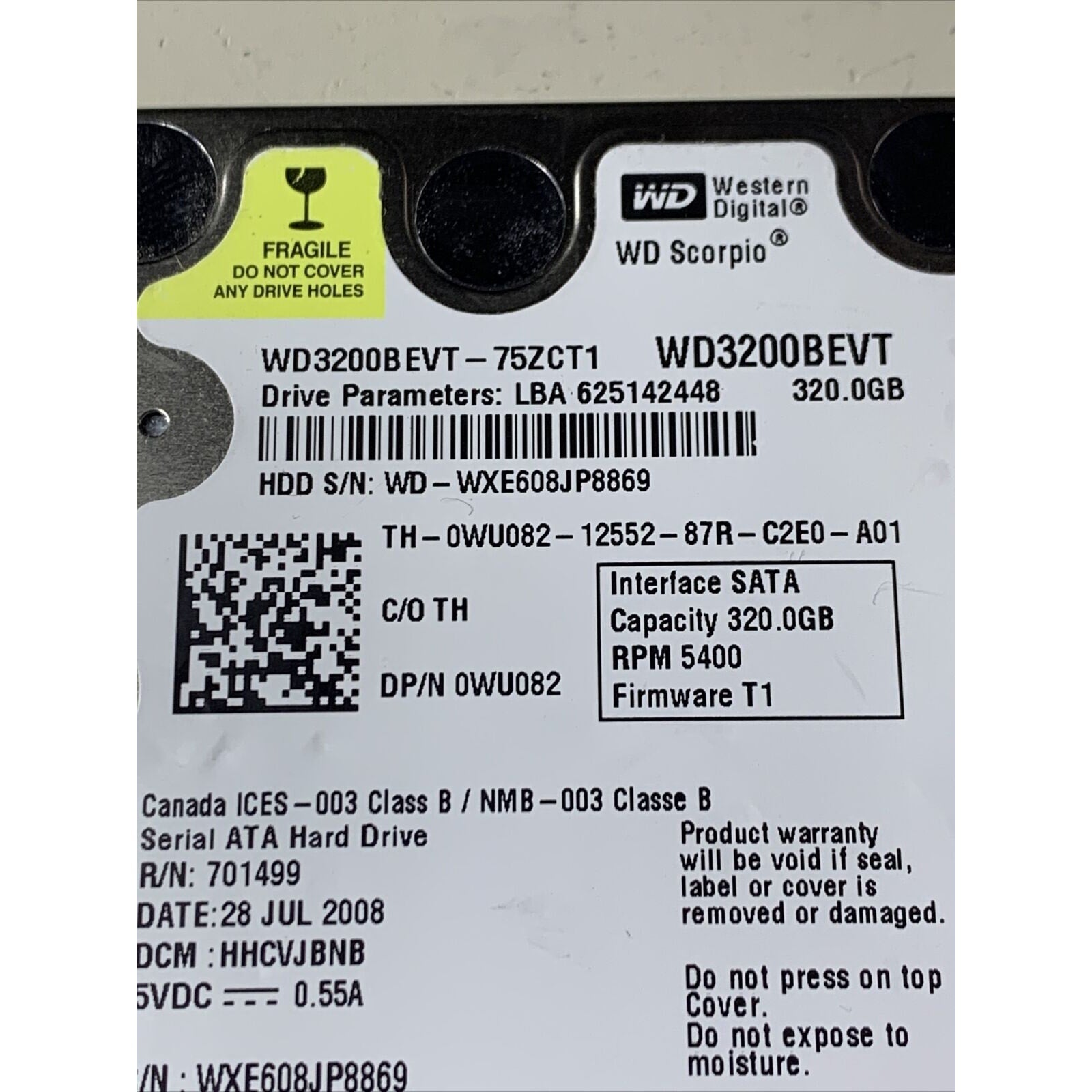WD WD3200BEVT-75ZCT1 320GB SATA 2.5” Hard Drive 0WU082 2060-701499-000