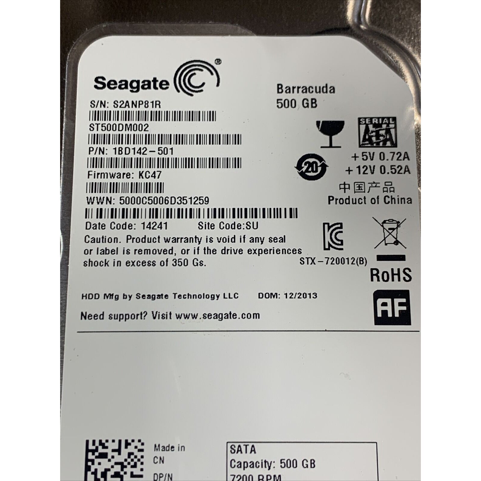 Seagate ST500DM002 500GB Internal SATA 3.5" Hard Drive 09CF26 P/N: 1BD142-xxx