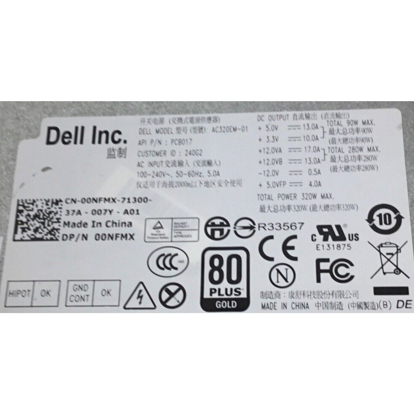 Dell AC320EM-01 / 320W Power Supply 00NFMX 0NFMX