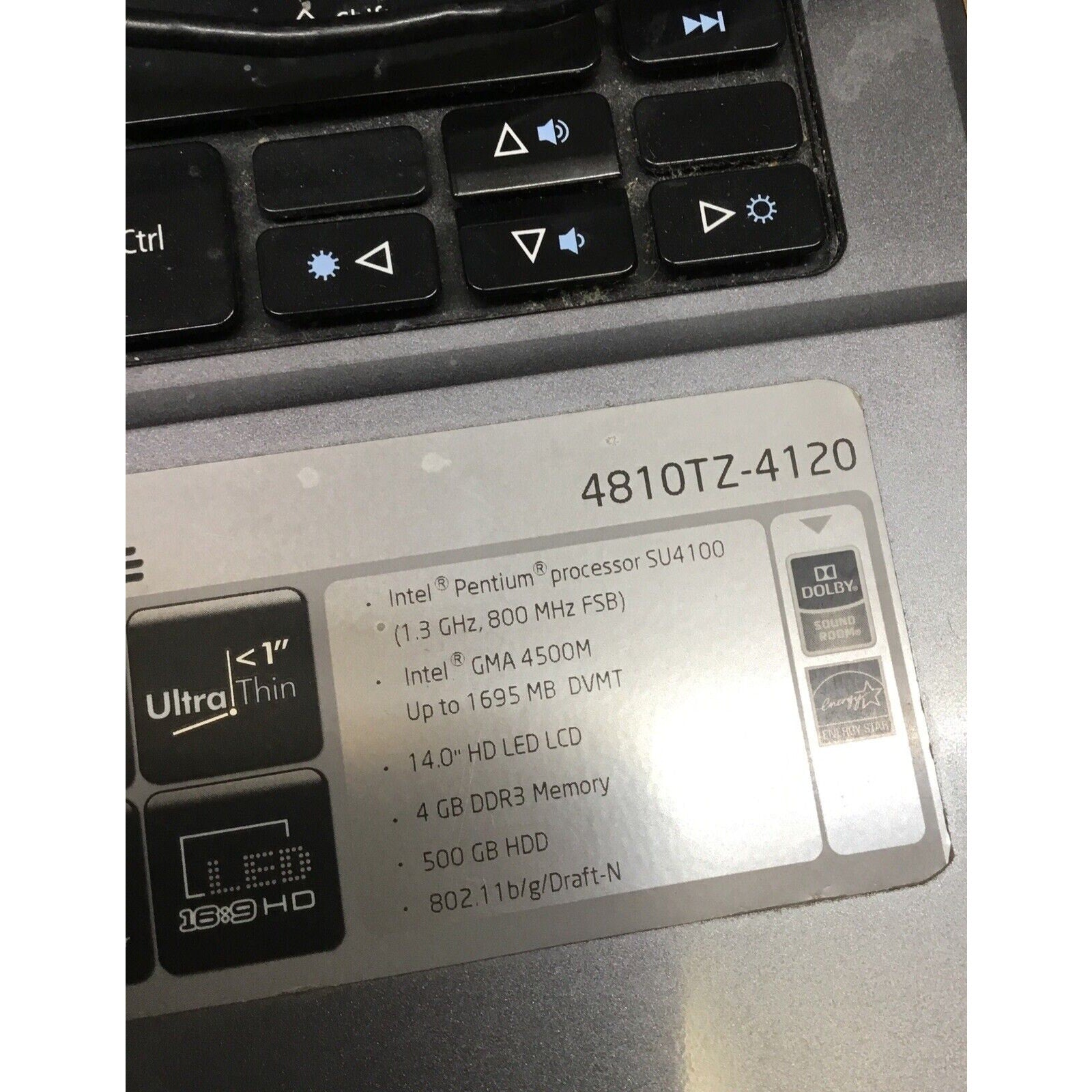 Acer Aspire 4810T Intel CPU U4100 4GB RAM No HDD No Adapter Read Desc