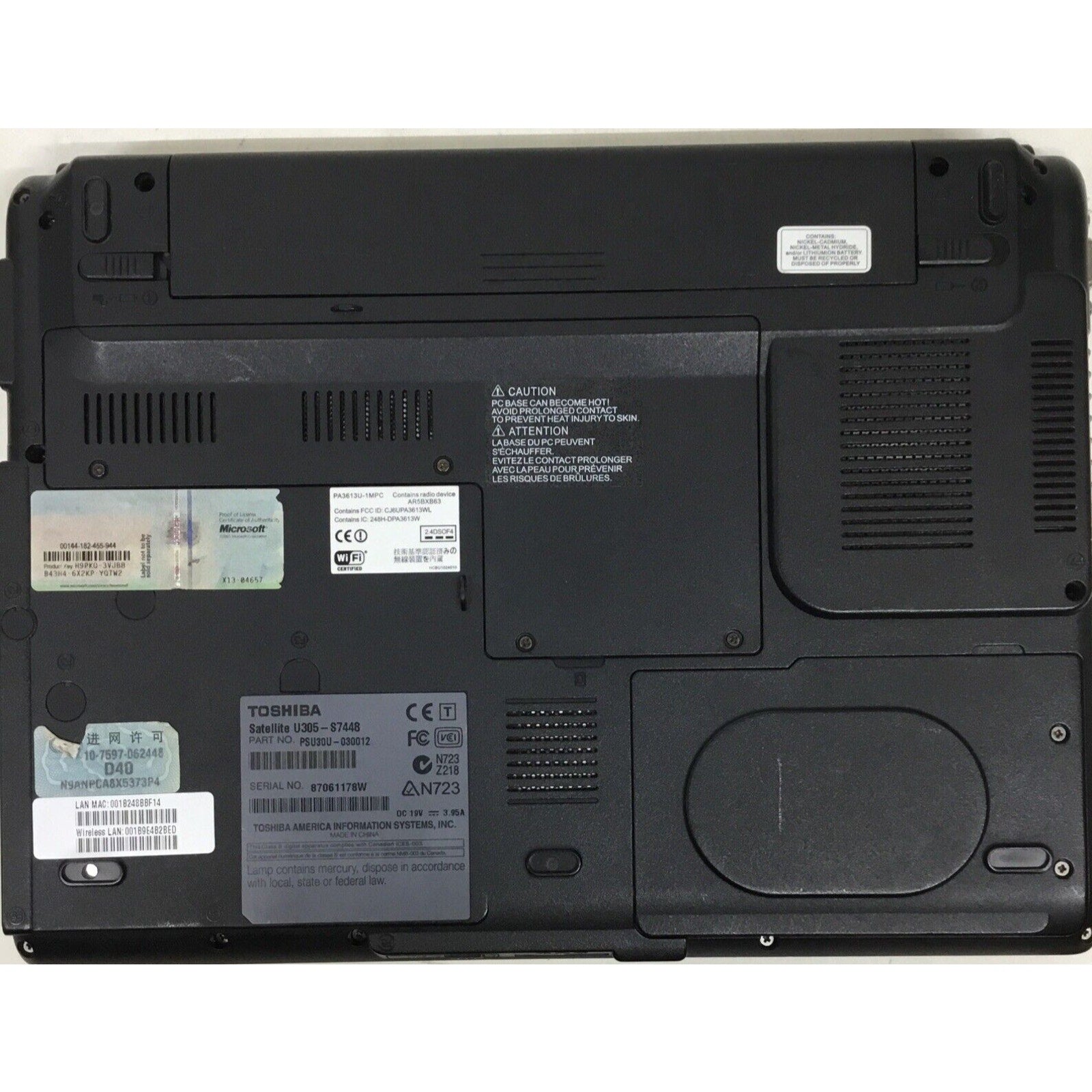 For Parts Toshiba U305-S7448 Pentium Dual Core No Adapter No HDD / Bad Battery