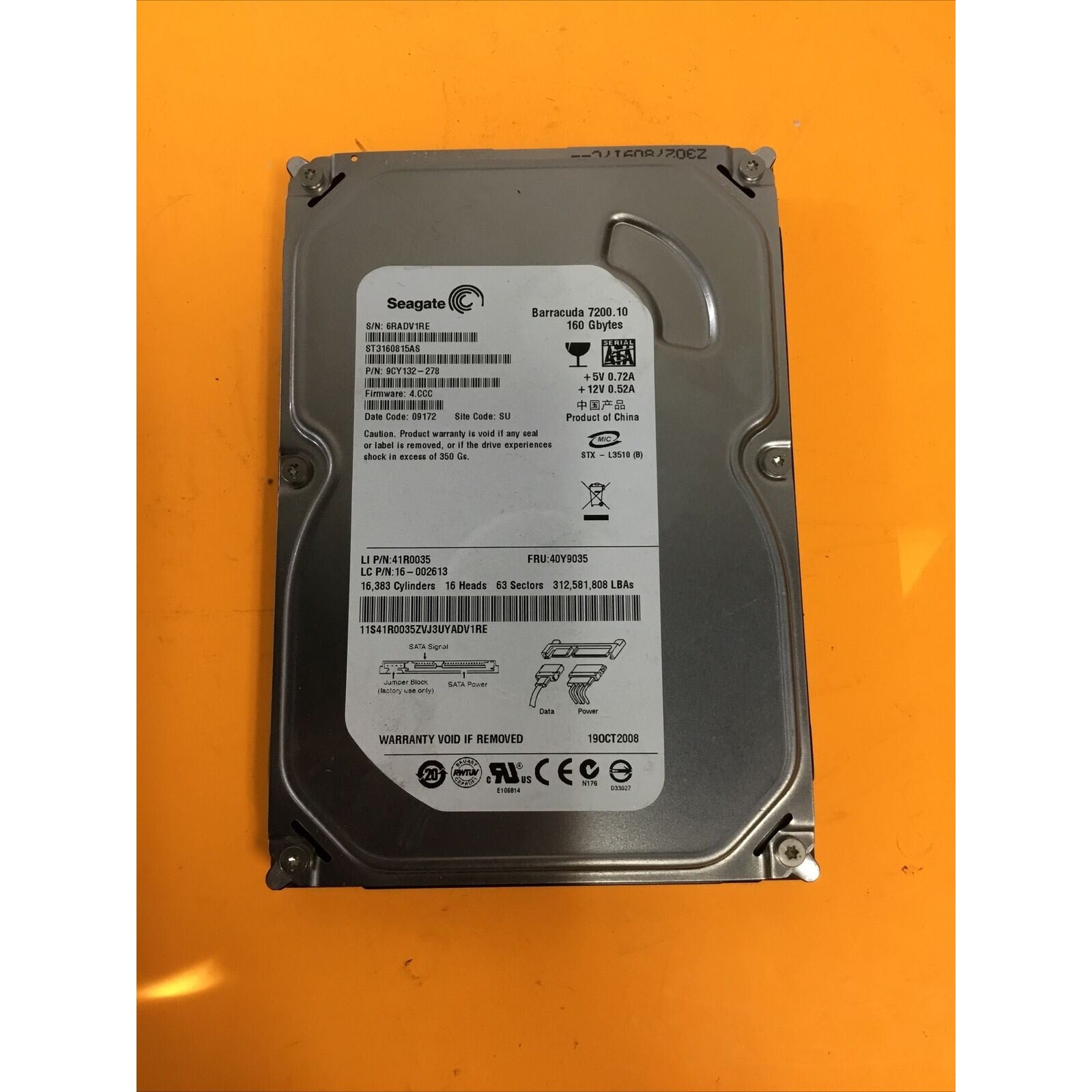 Seagate ST3160815AS 160GB Sata Hard Drive P/N: 9CY132-278 Site:SU Fimware: 4.CCC