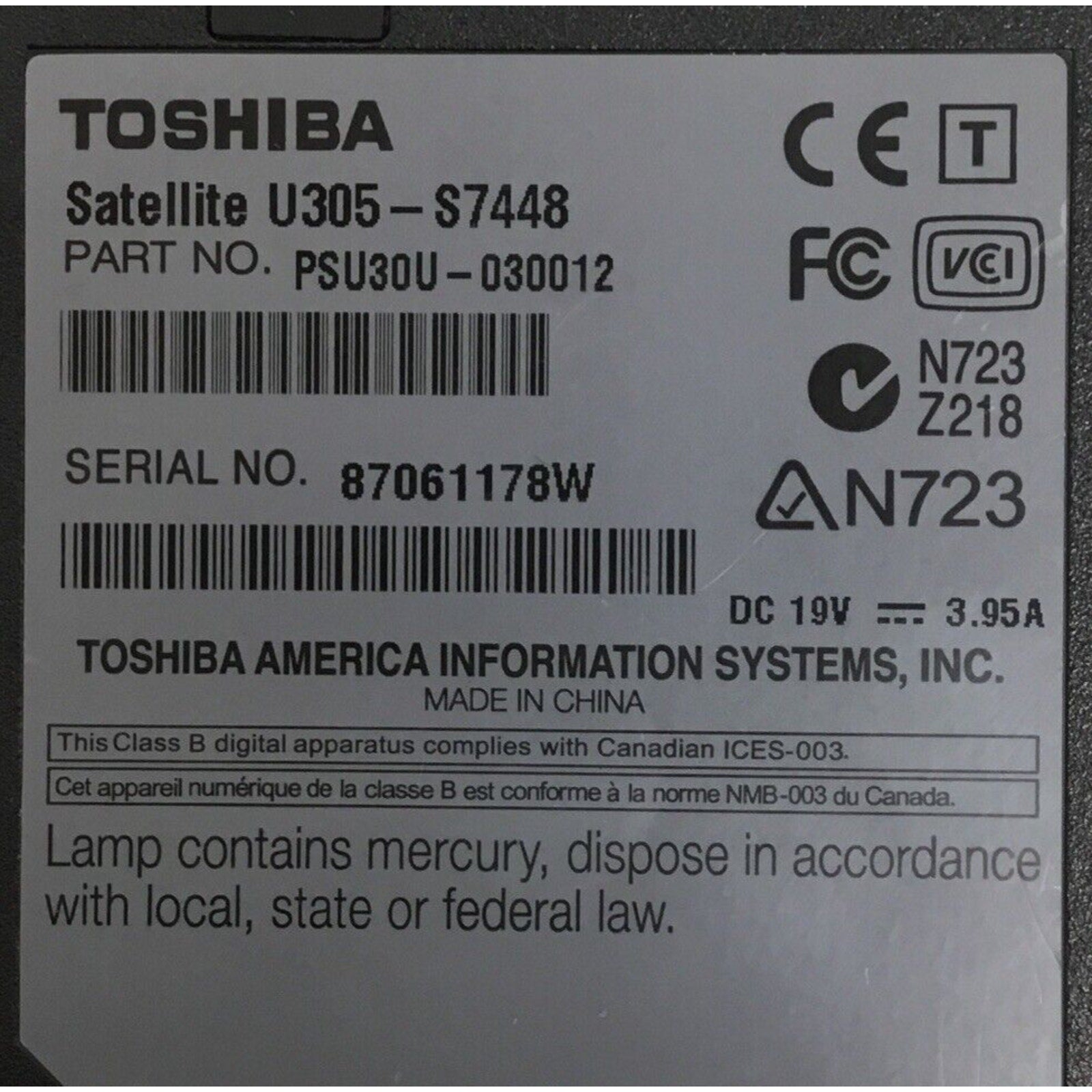 For Parts Toshiba U305-S7448 Pentium Dual Core No Adapter No HDD / Bad Battery