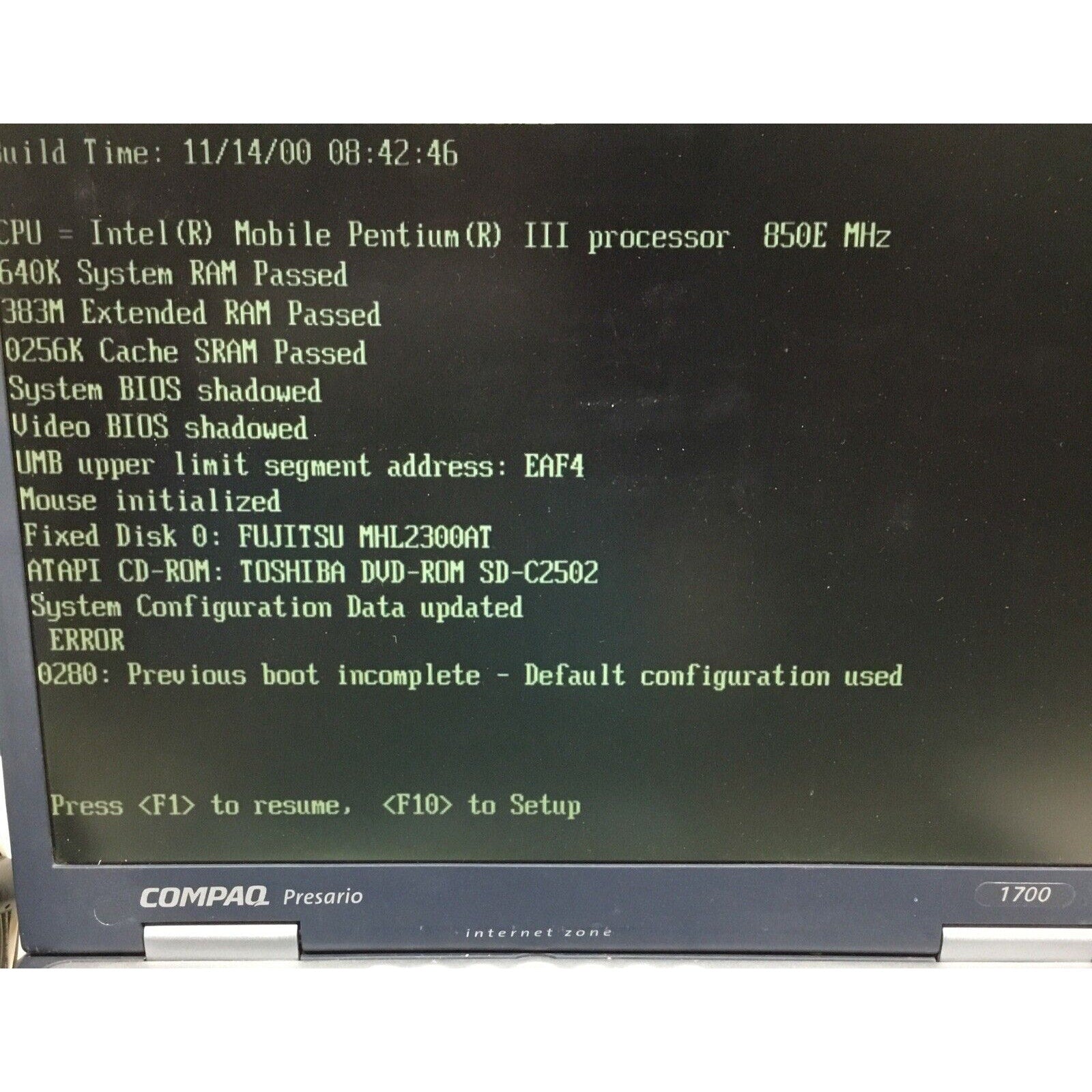 Compaq Presario 1700 Windows XP Good Condition With Adapter