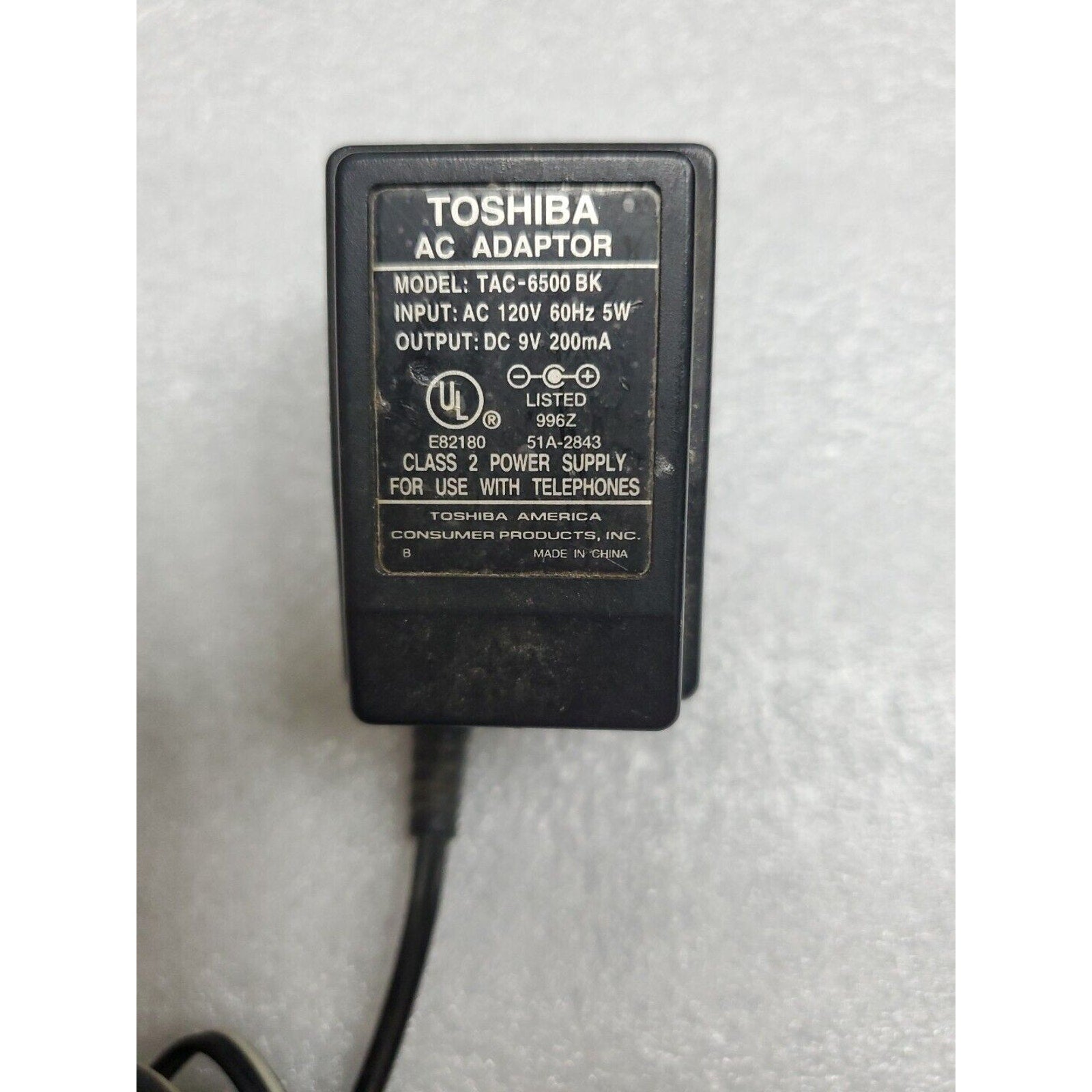 Toshiba TAC-6500BK AC DC Power Supply Adapter 9VDC 200mA