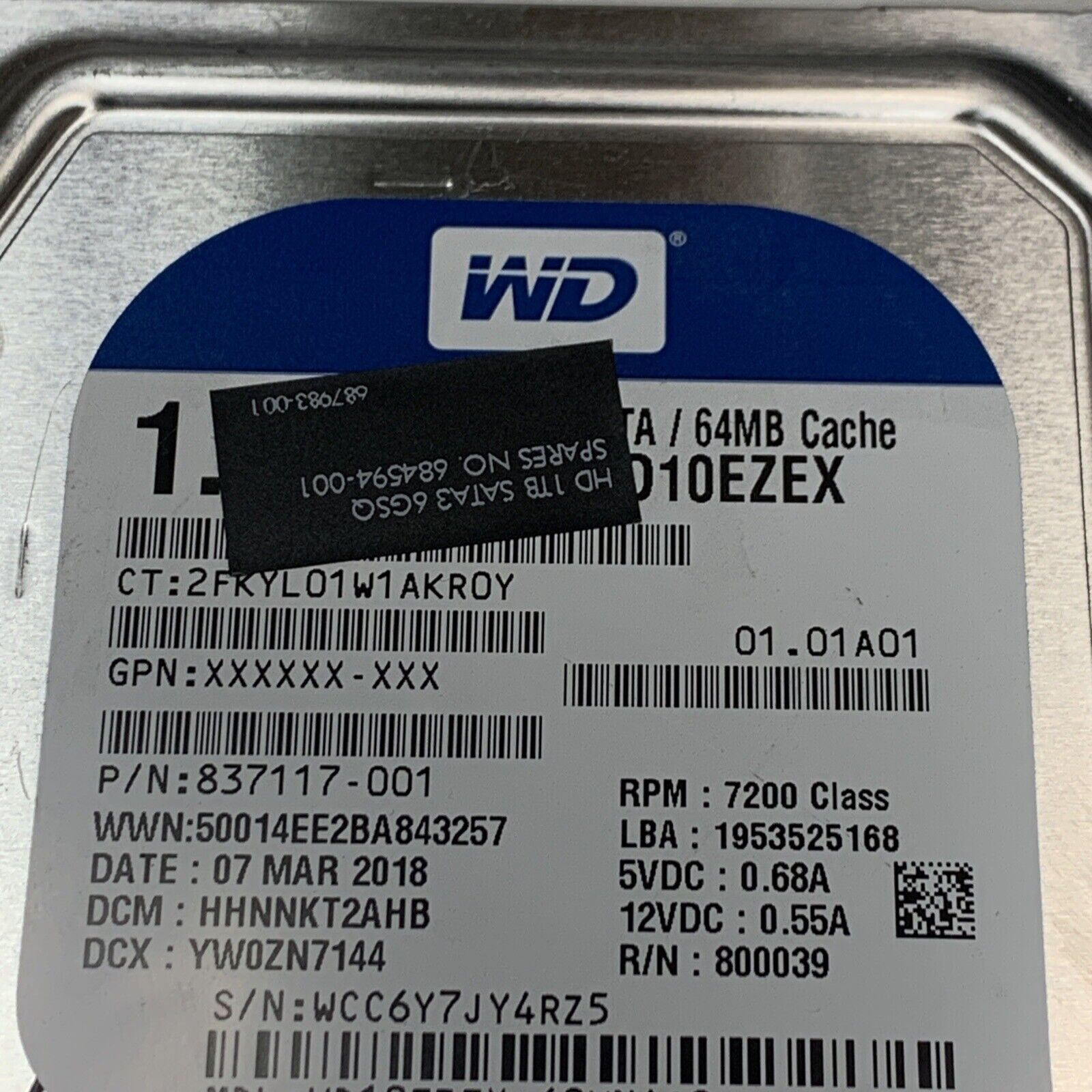 Western Digital 1TB 3.5" SATA III 7200RPM Desktop Hard Drive WD10EZEX-60WN4A0