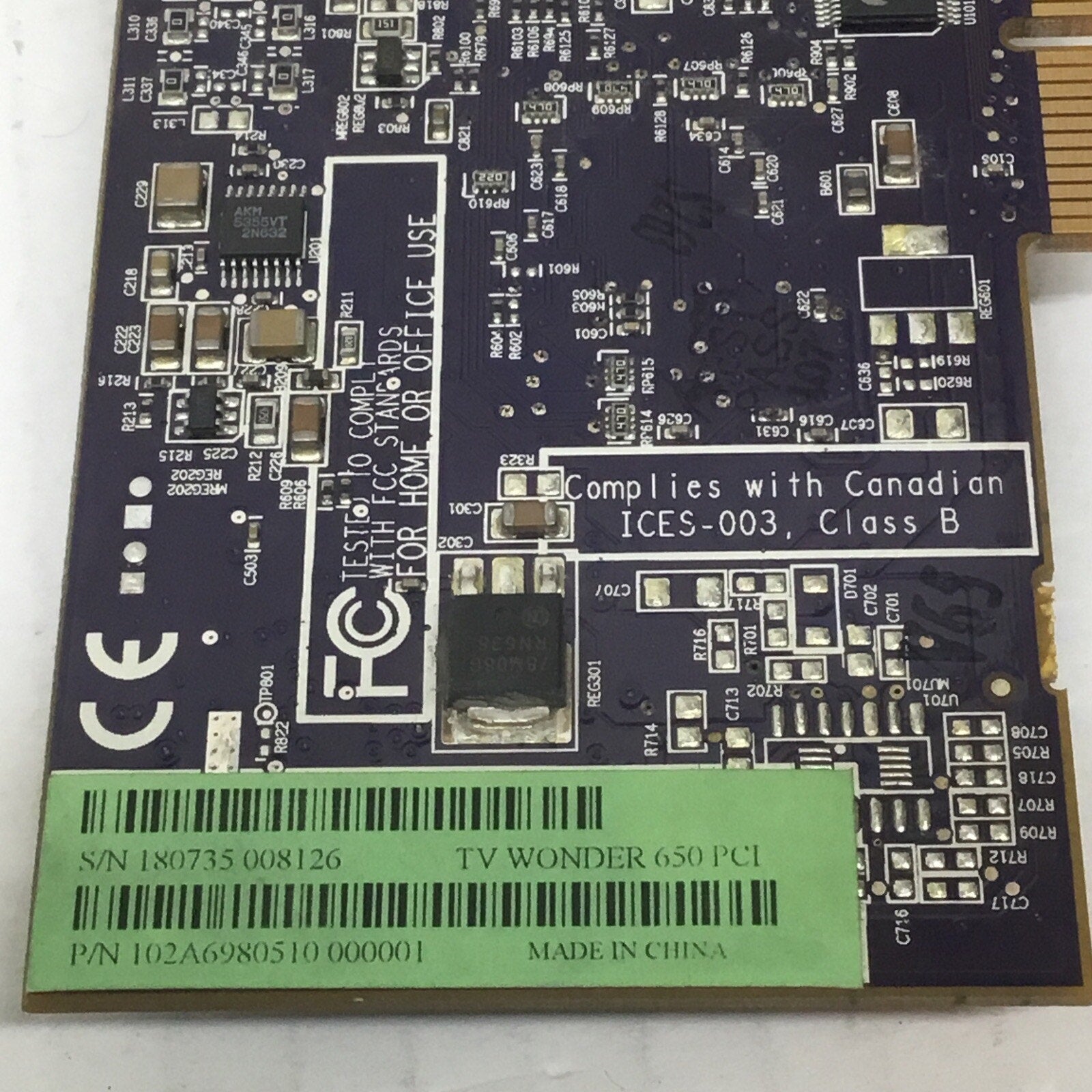 ATI Samsung tecc1149FG01a 650 Theater TV Wonder Video Card 102A6980712 PCI