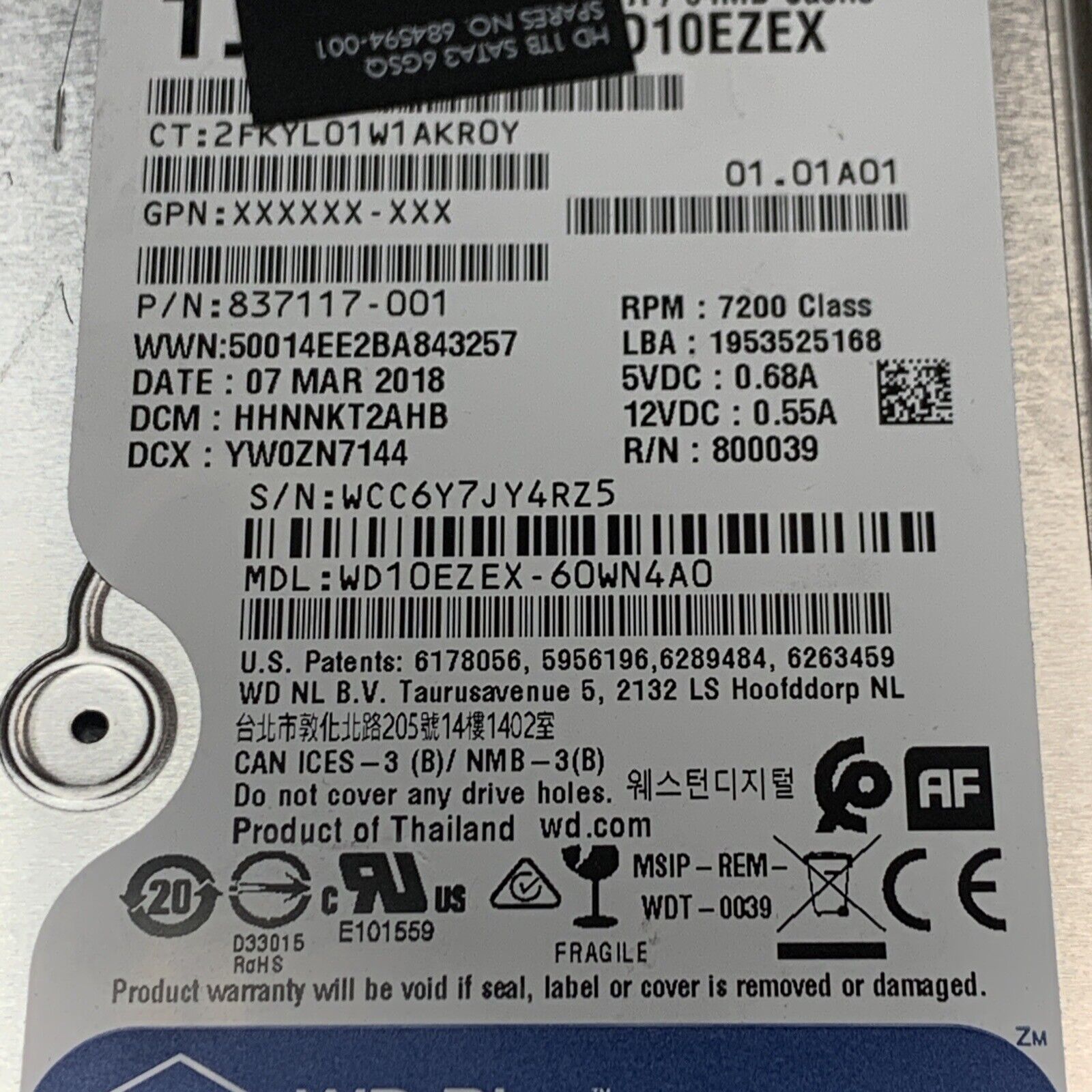 Western Digital 1TB 3.5" SATA III 7200RPM Desktop Hard Drive WD10EZEX-60WN4A0