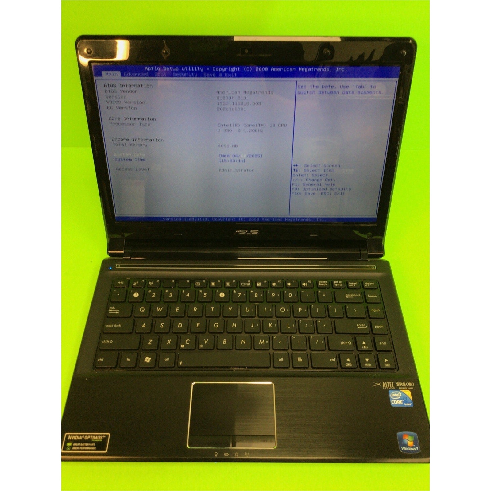 Asus UL80J-BBK5 Core i3 U330 4GB RAM NO HDD or OS