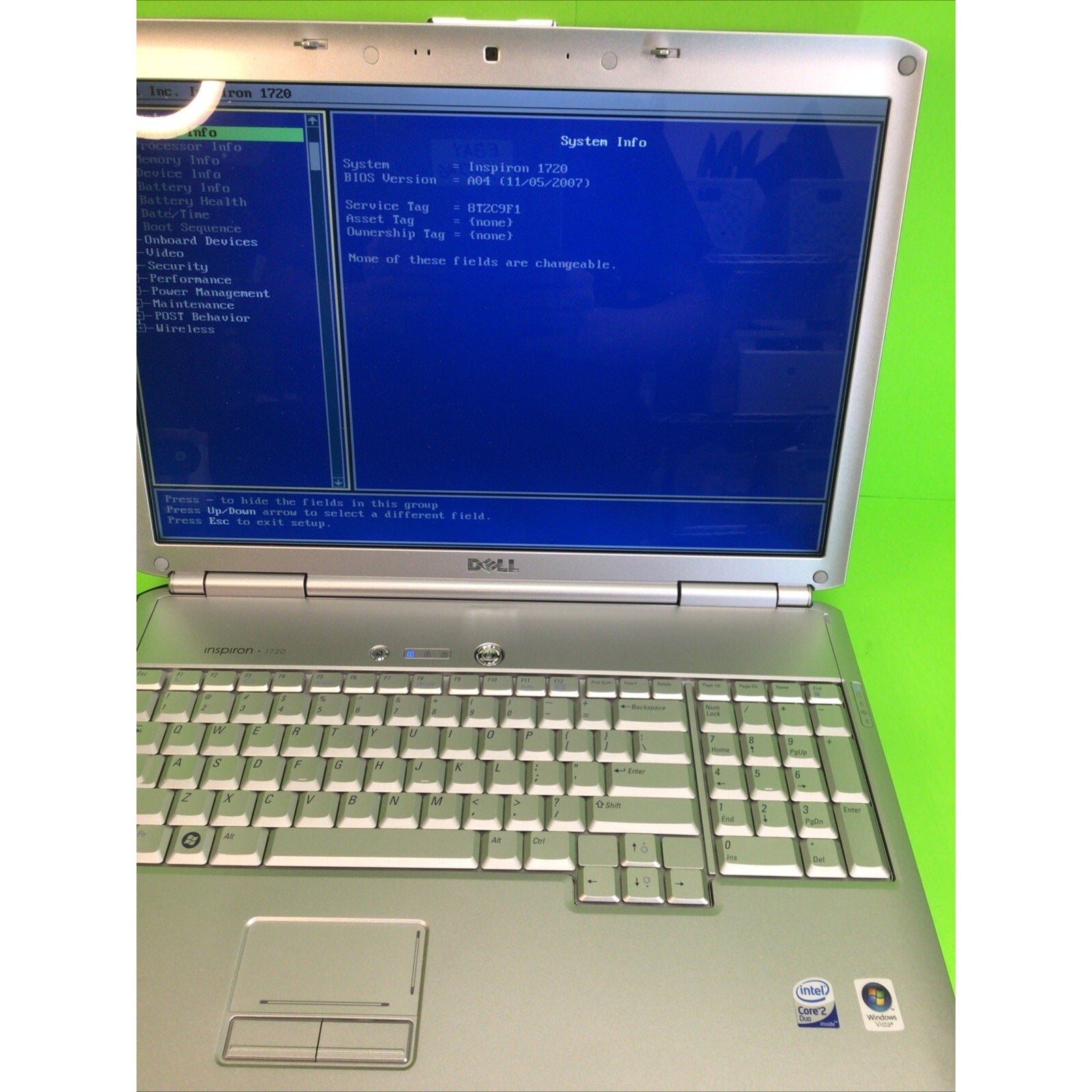 Dell Inspiron 1720 Core 2 Duo 2.20 GHz 4GB RAM No HDD/SSD Boots To Bios