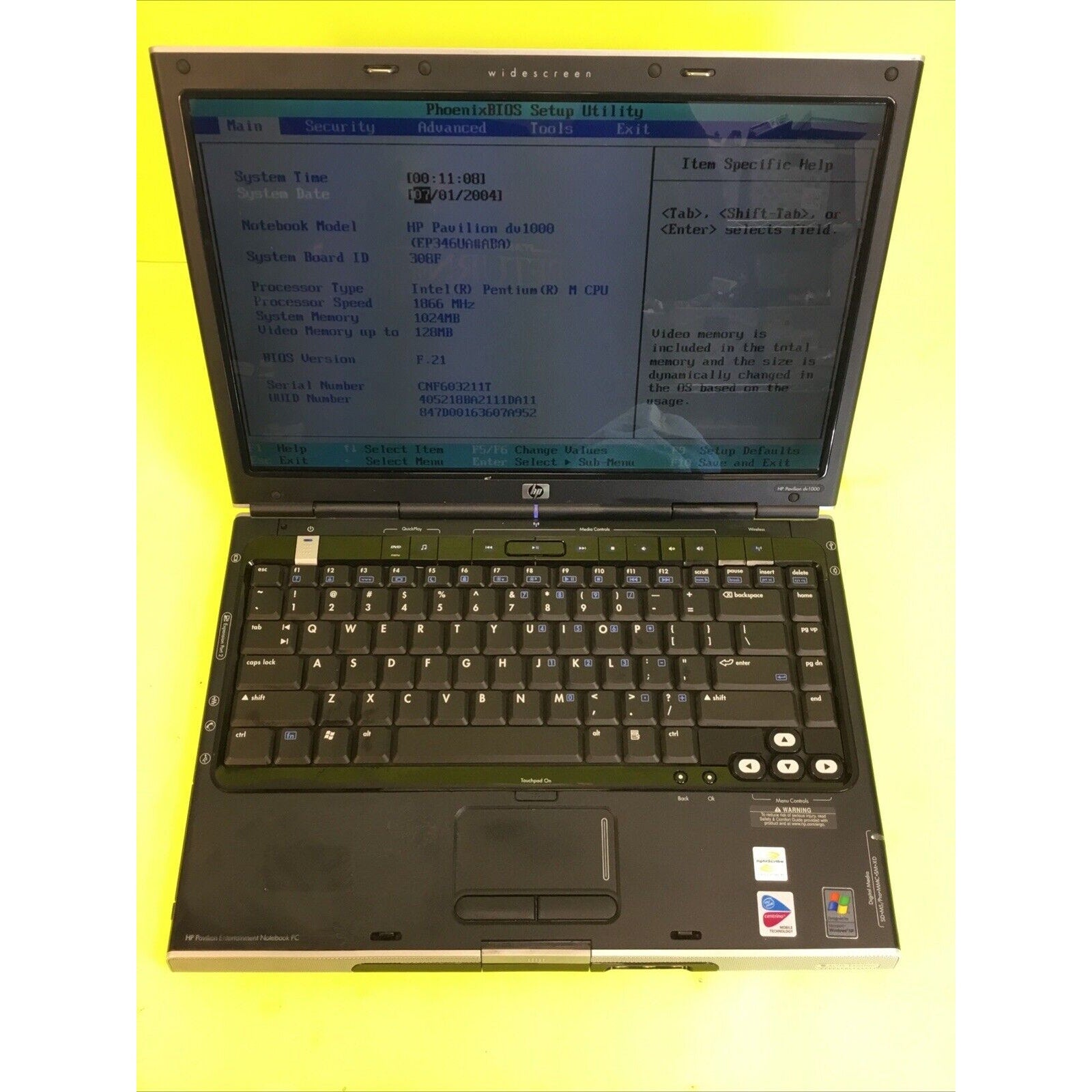 HP Pavilion Entertainment Notebook DV1000 Laptop FOR PARTS or REPAIR