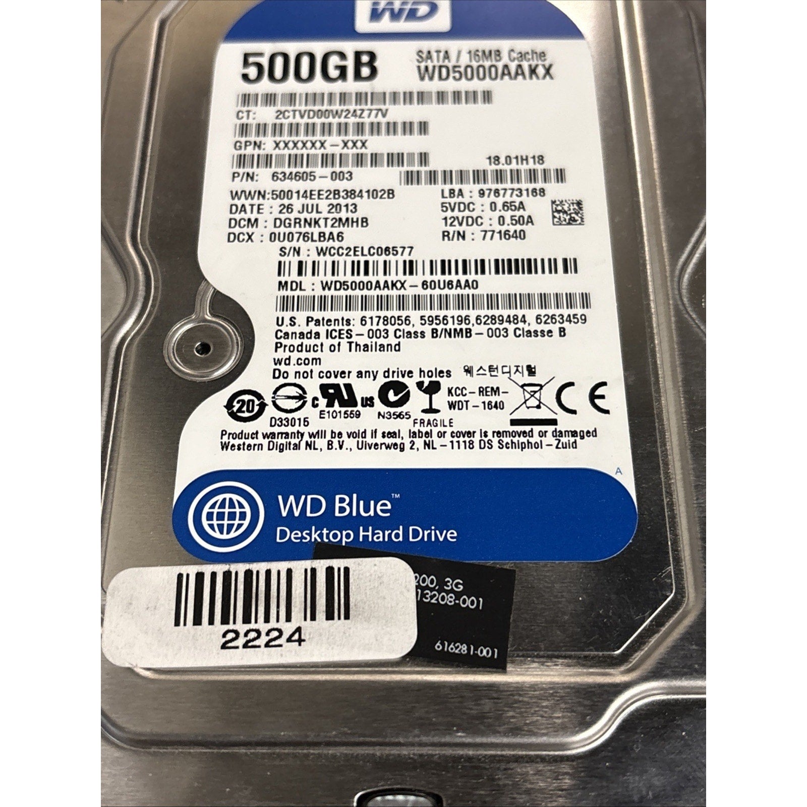 WD WD5000AAKX 500GB 3.5" SATA 7.2K Desktop/Enterprise Hard Drive P/N: 634605-003