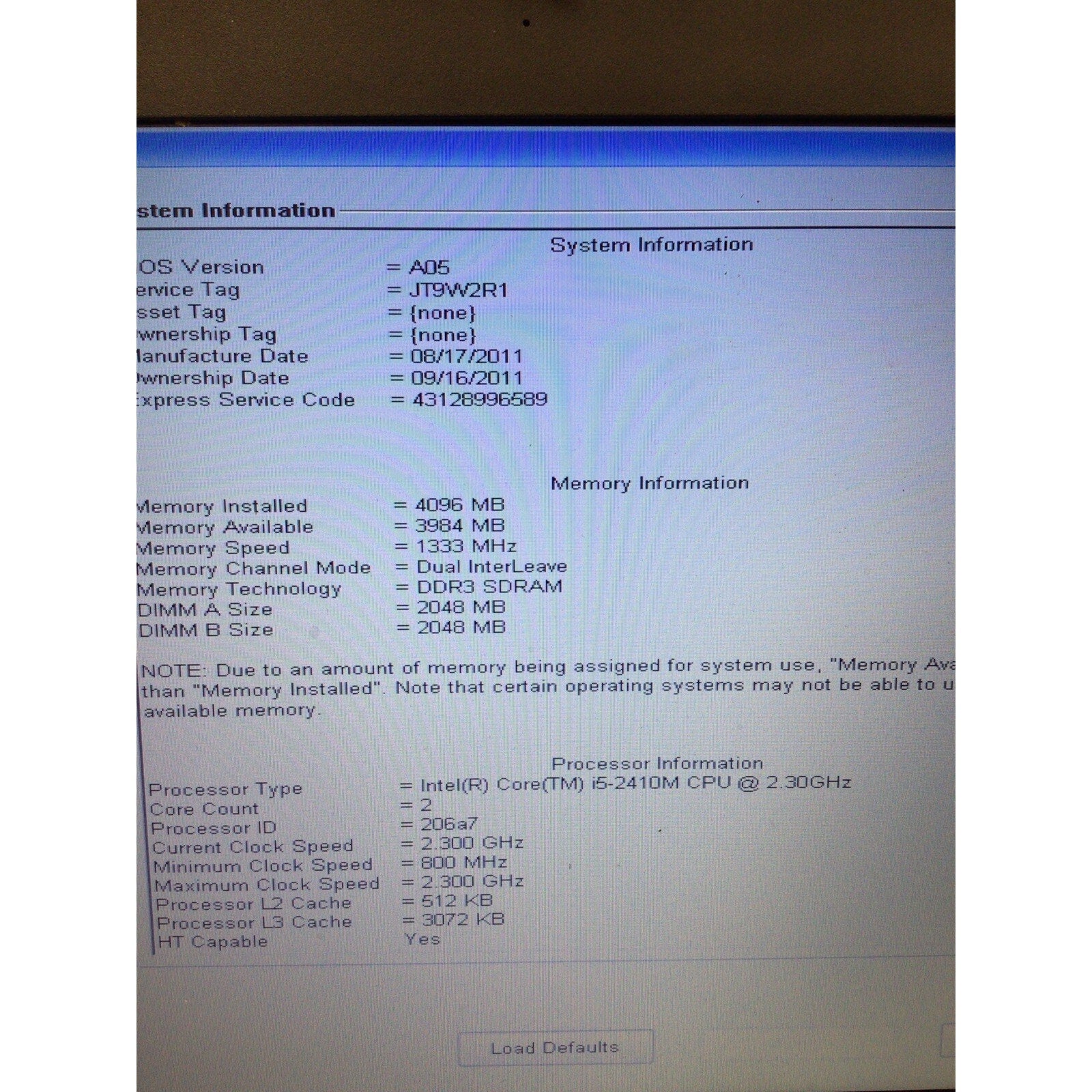 Dell Latitude E6420 Intel i5-2410M 2.3GHZ 4GB RAM NO HDD FOR PARTS or REPAIR