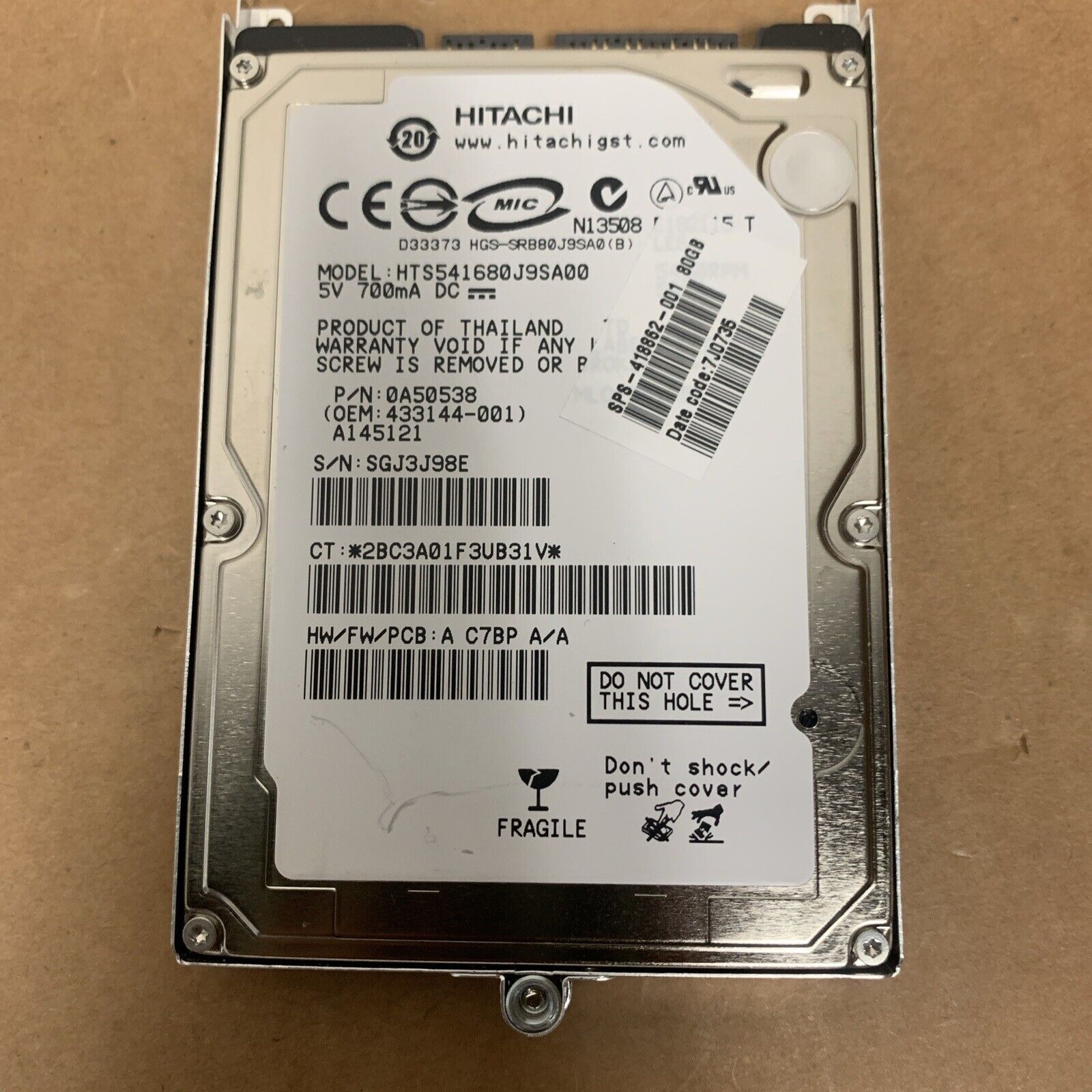 HTS541680J9SA00 Hitachi 80GB SATA 2.5" 9.5MM Hard Drive - Working - With Caddy