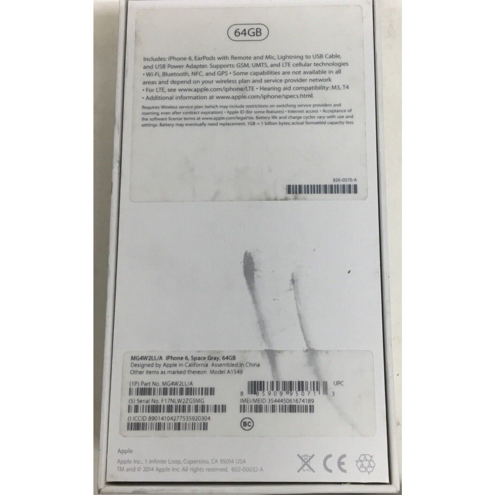 iPhone 6 Plus Space Gray 64GB BOX ONLY MG4W2LL/A