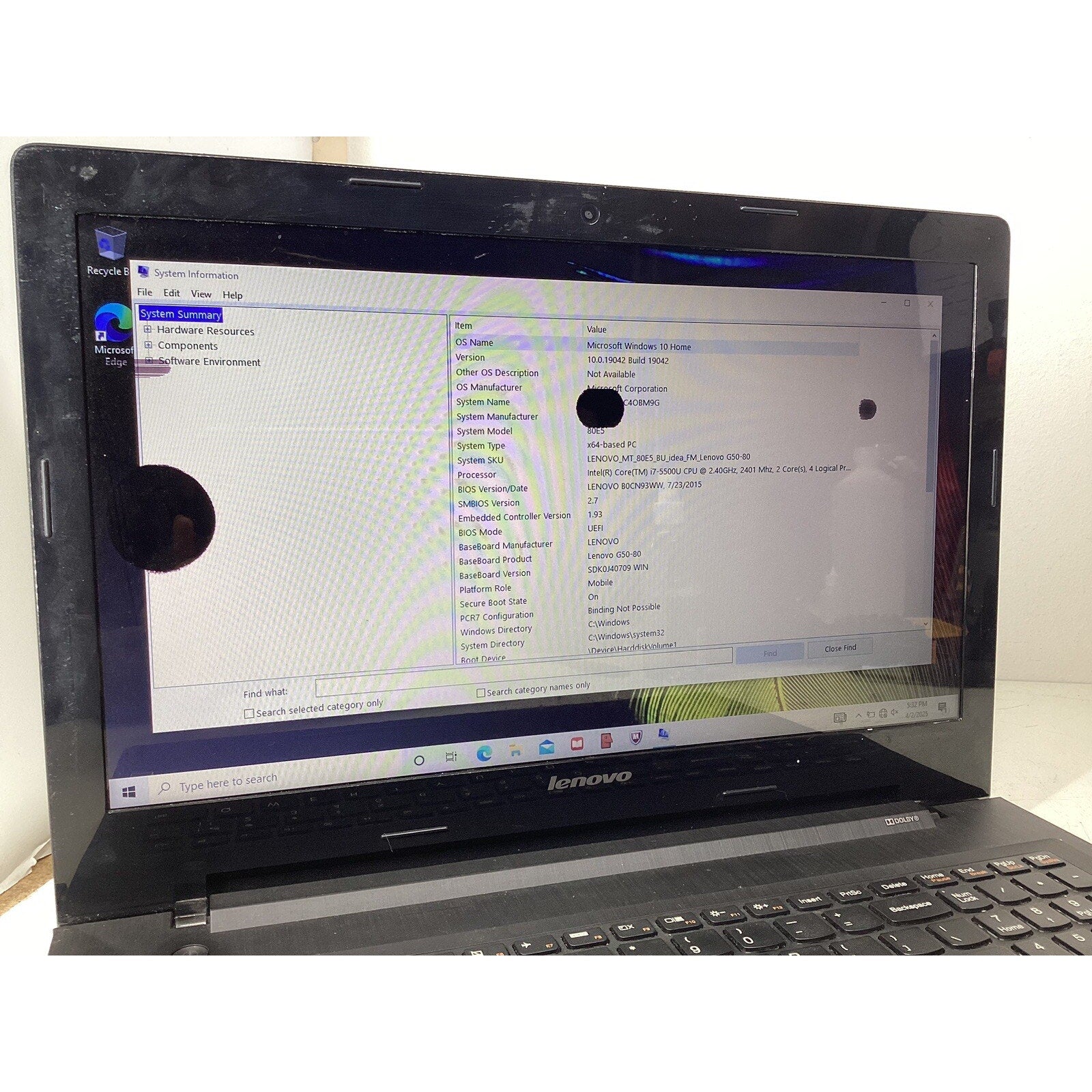 Lenovo G50-80 15.6" Laptop Intel Core i7-5500U 1TB HDD 8GB RAM - For Parts