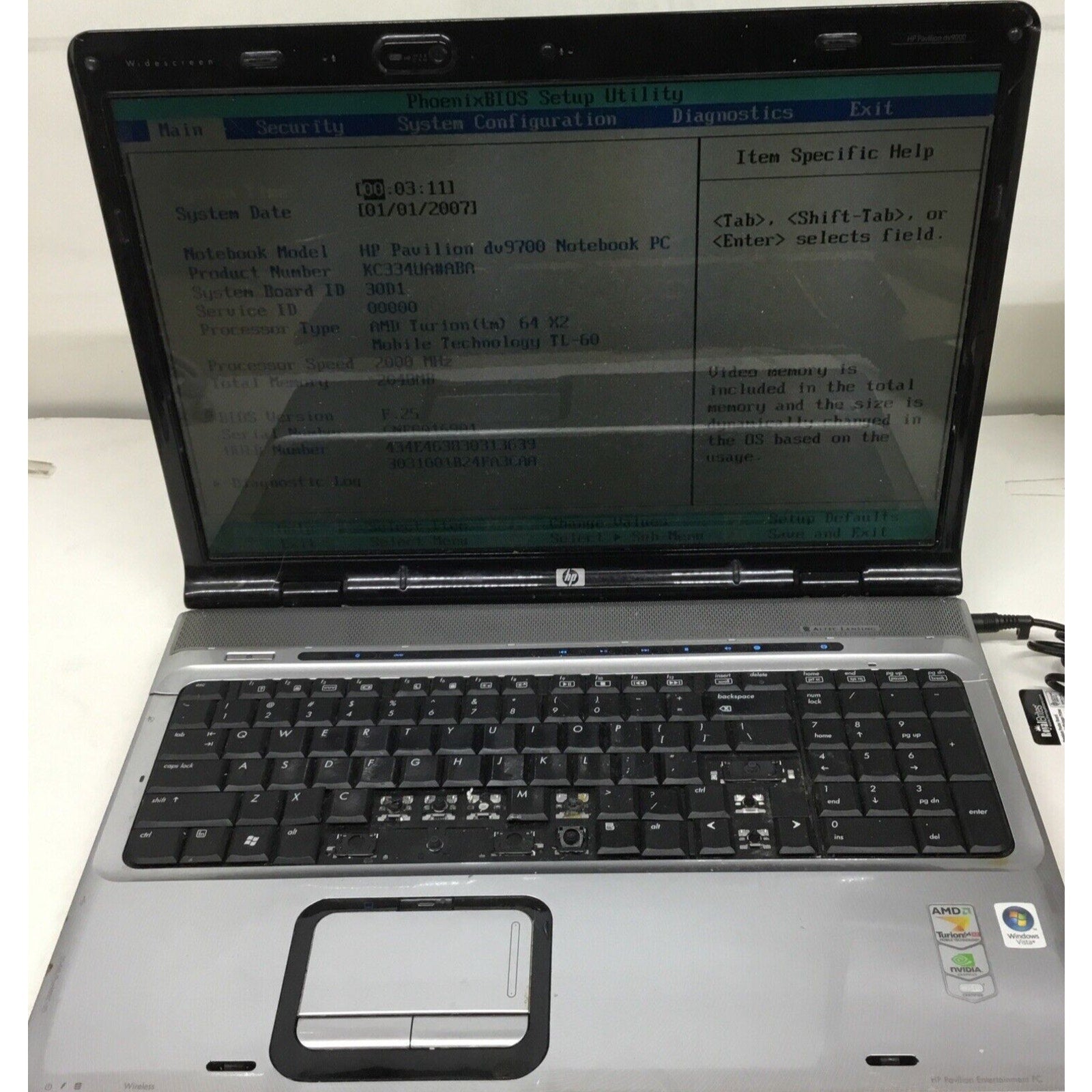 HP Pavilion Dv9700 AMD Turion 64X2 - 2GB RAM - NO HDD OR ADAPTER- READ DESCPTION