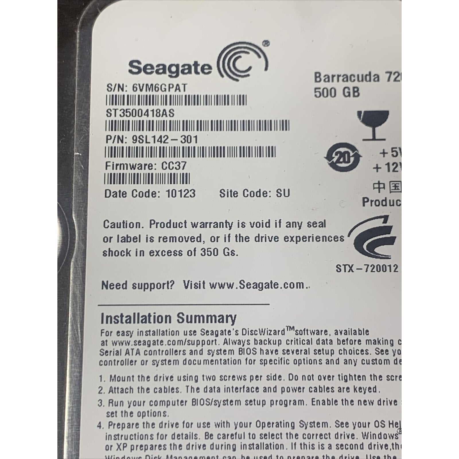 Seagate ST3500418AS Barracuda PN 9sL142-301 FW CC37 500GB 3.5" SATA Hard Drive