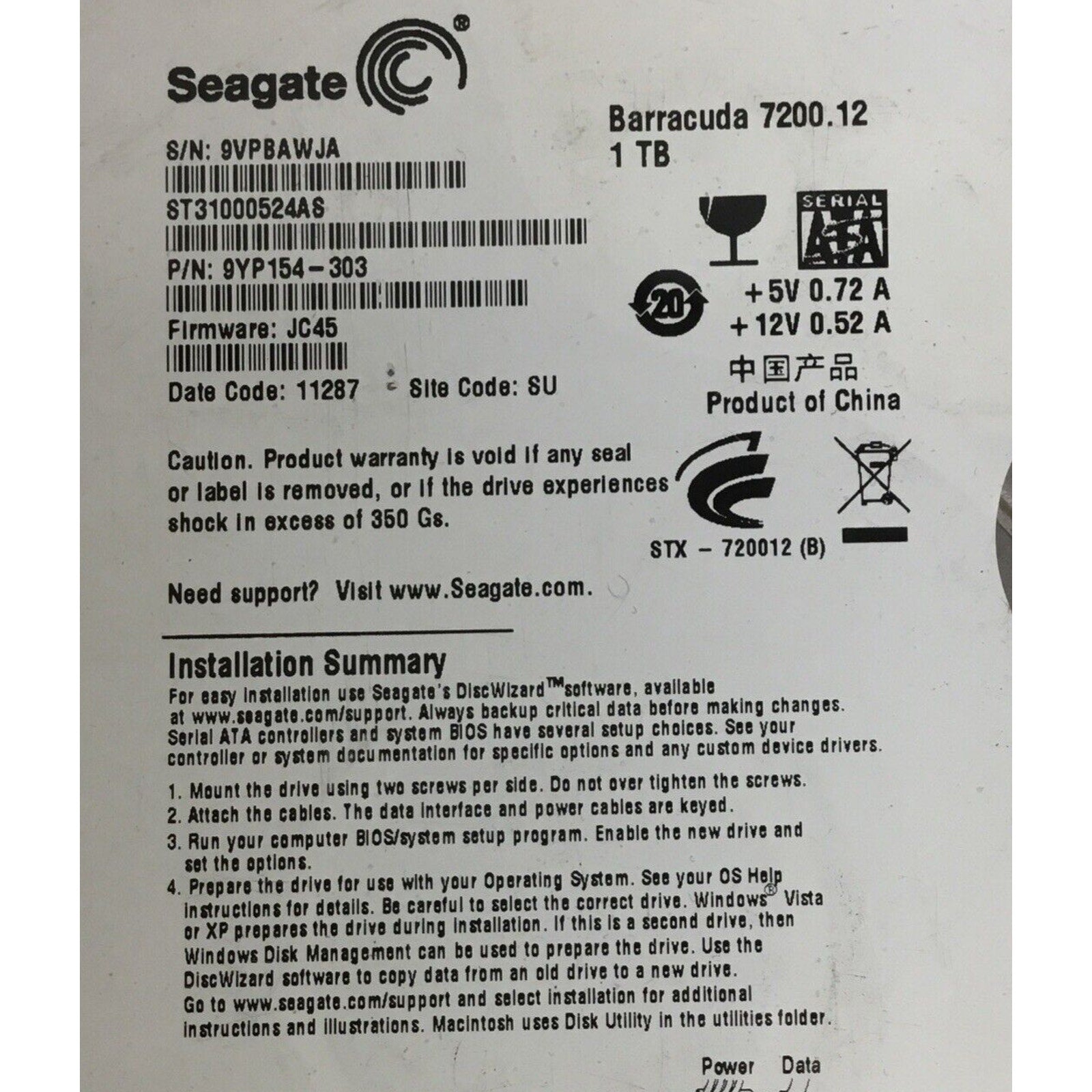 ST3100524AS - Hard Drive (1TB, 3.5", 7200, Sata) 9yp154-303